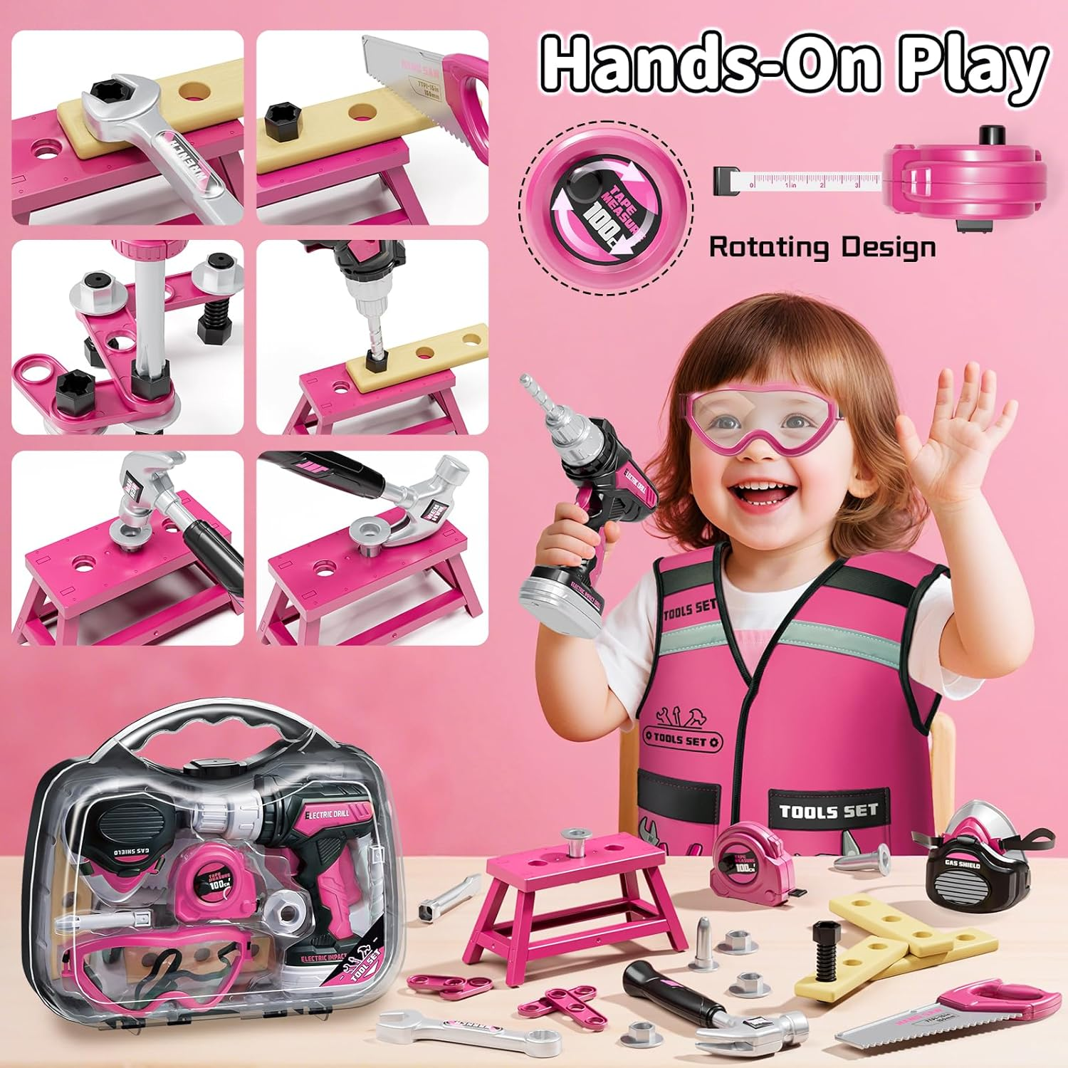 Kidbloom Kids Tool Set, Pretend Play Tool Box with Toy Drill, Construction Toys with Vest, Girls Toys Gift for 3 4 5 image number 3