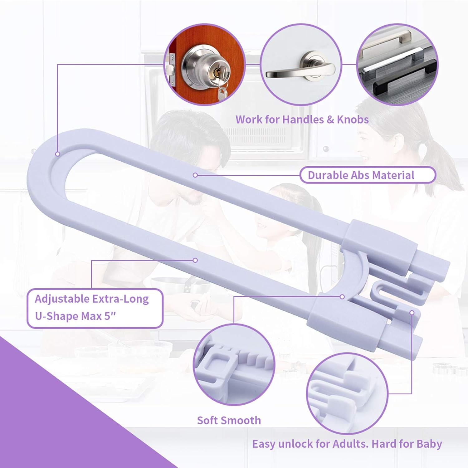 Sliding Cabinet Child Safety Locks-Grandoto U Slide Door Locking for Childproof Safe Latch & Baby Proofing Lock for Wardrobe,Kitchen,Bathroom,Drawer,Fridge,Cupboard Doors Knobs & Handles(10Pack White) image number 2