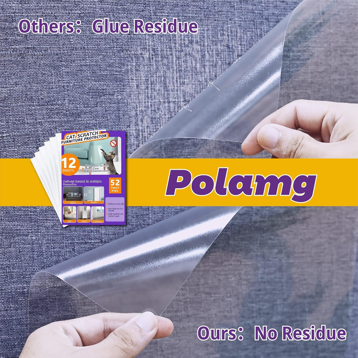 Anti-Cat Scratch Furniture Protector-12-Pack &ndash;Single-Sided, Heavy-Duty Self-Adhesive Tape, No-Residue for Couch, Doors & Walls - with 52 Twist Pins image number 5