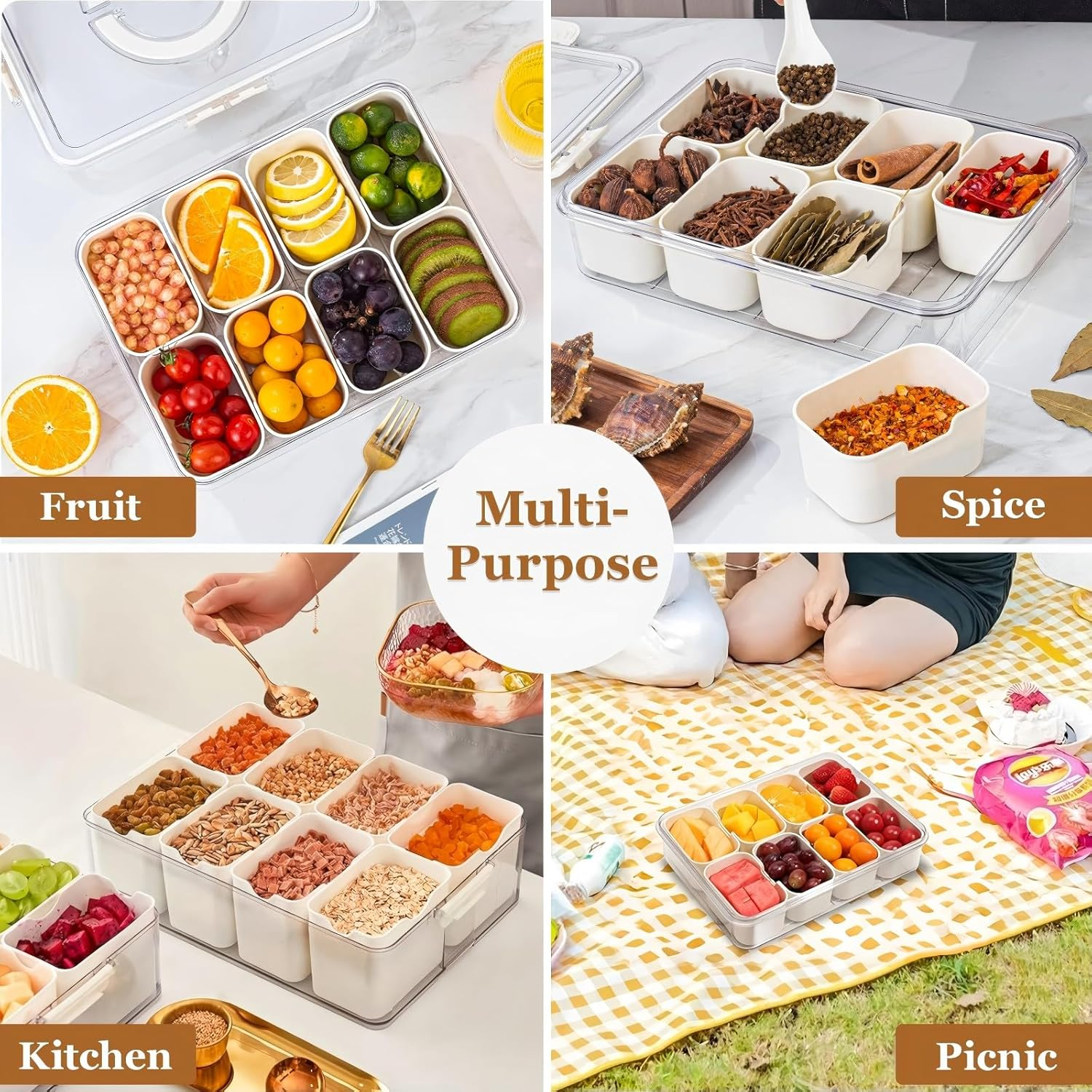 Snackle Box Container, Portable Snack Box 8 Compartment Divided Serving Tray with Lid and Handle, Clear Storage Organizer for Fruit Candy Nuts Veggie, Snacks, Beach Essentials, Road Travel Party image number 1