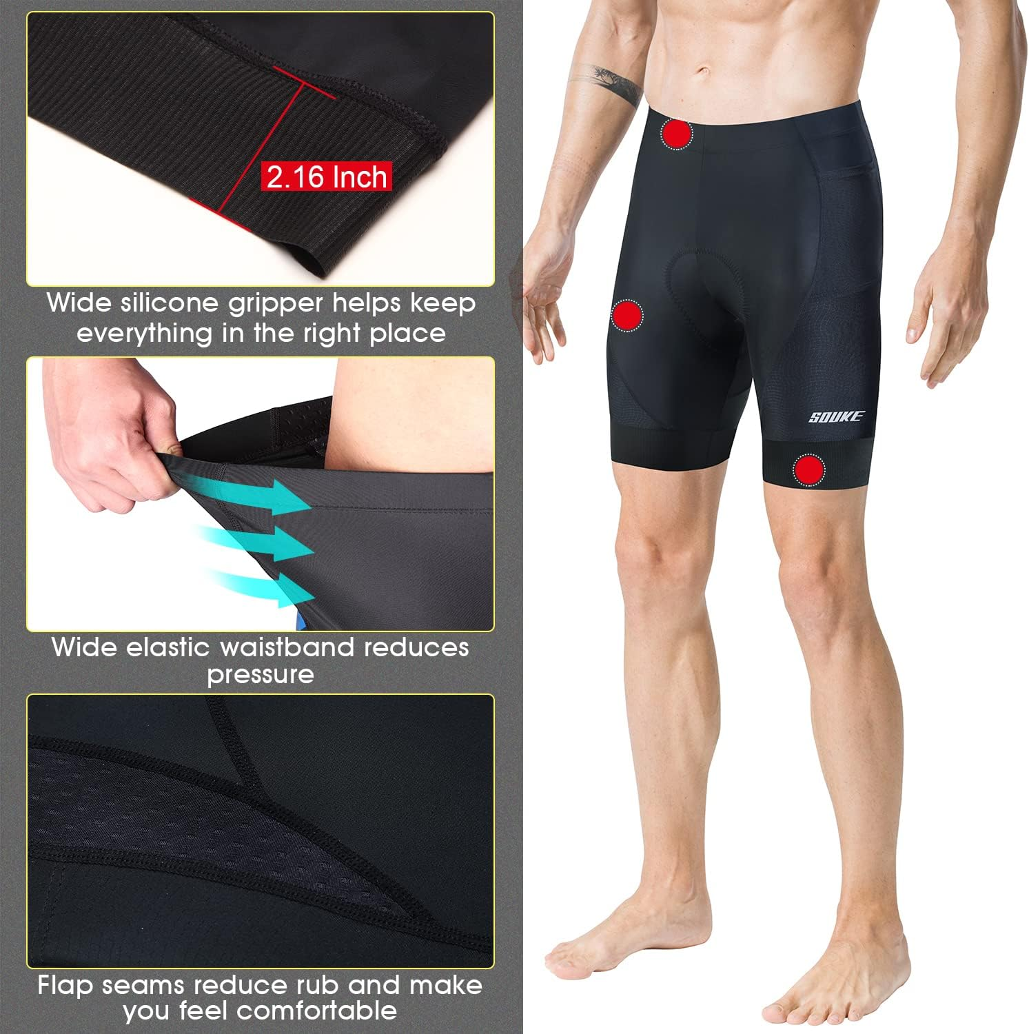 SOUKE Men'S Cycling Shorts Padded 4D Bike Biking Half Pants Bicycle Riding Quick-Dry Tights with Pocket image number 6