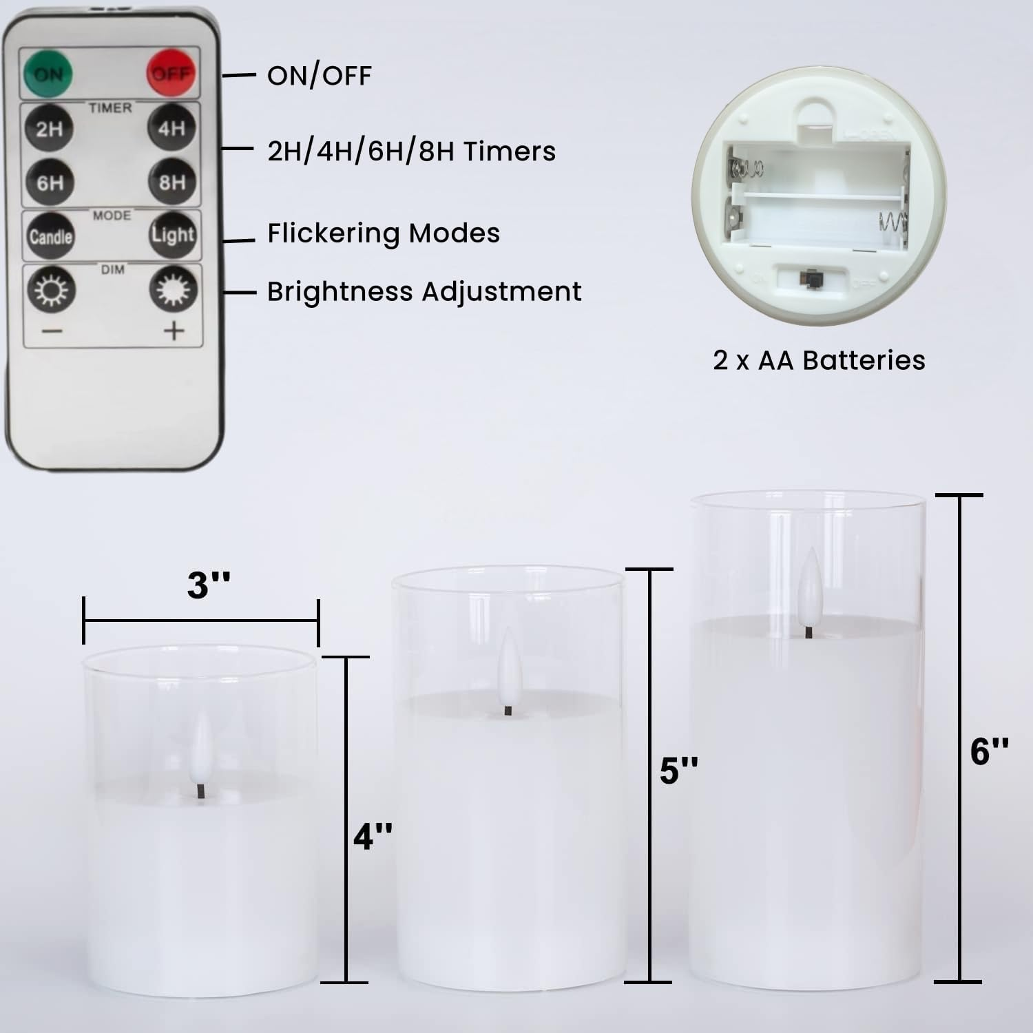 Clear Glass Flameless Candles Battery Operated with Timer, Remote Control, LED Pillar Candles Battery Powered, D3 H4 5" 6", Set of 3 (White) - Grey image number 2