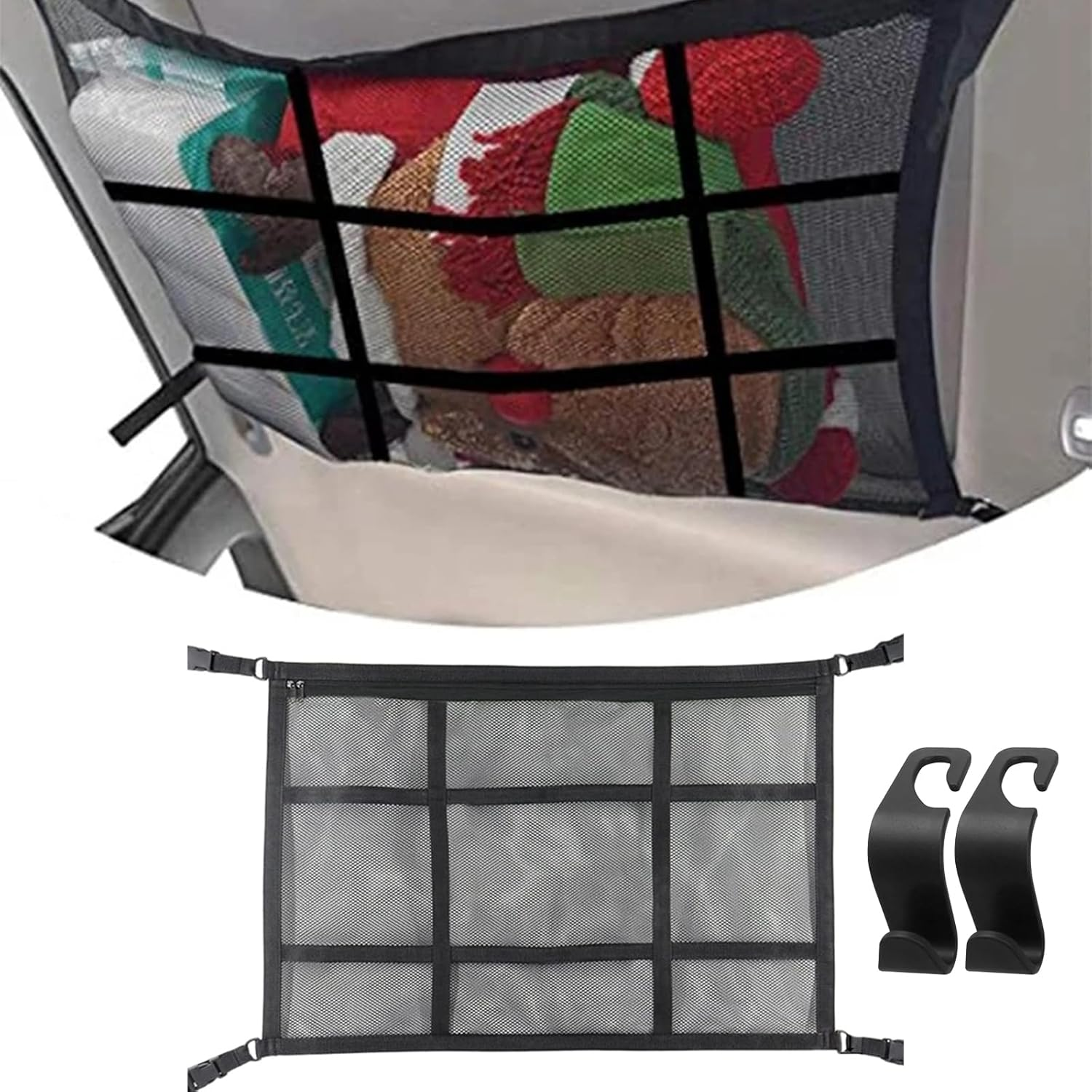 SUV Ceiling Cargo Net Pocket, Adjustable Double Large Car Ceiling Storage Net with 2 Seat Hooks, Mesh Car Roof Organizer Long Trip Storage Bag for SUV Long Trip Camping (Black) image number 4