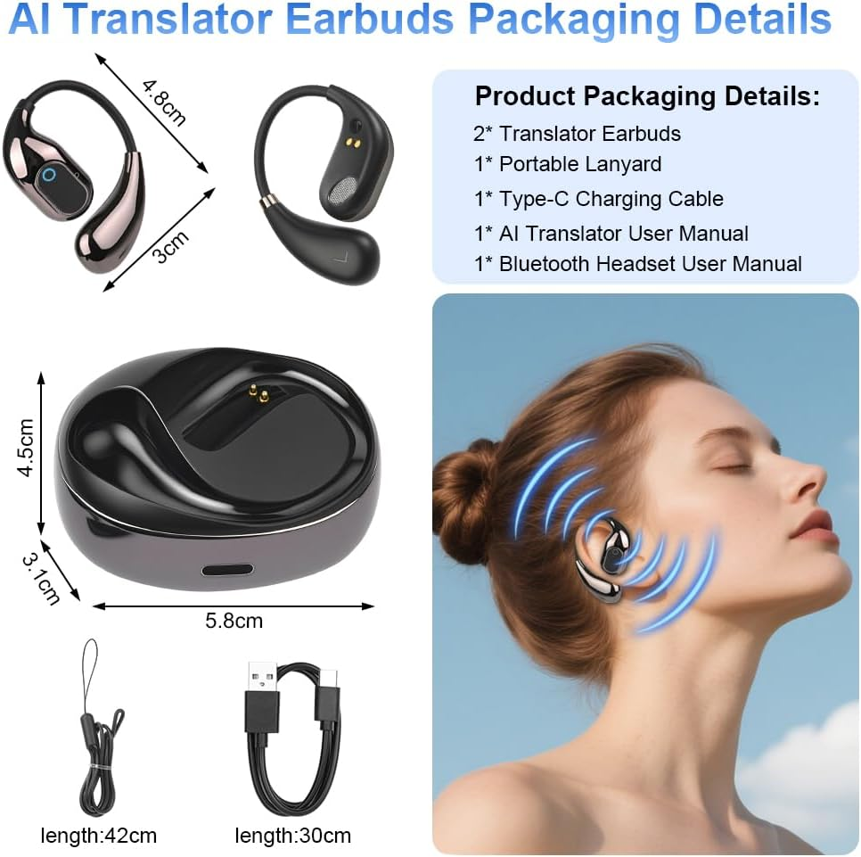 AOOSU XG99 AI Translation Earbuds, Real Time, Open Ear, Bluetooth 5.4, 144 Languages, 25 Hours Playtime, Perfect for Travel & Business