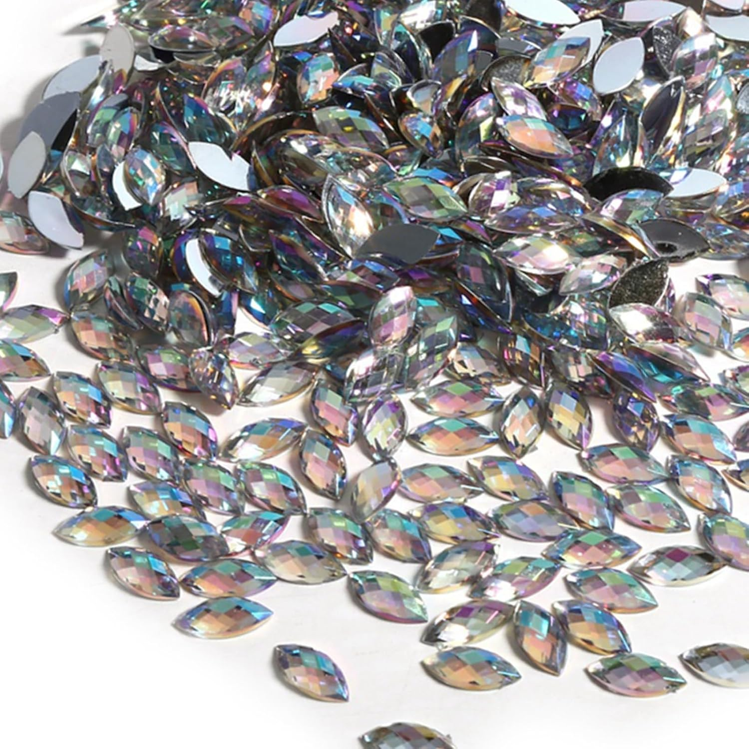 Watris Veiyi 500 Pieces Rhinestones for Sewing, Horse Eye Shape Glitter Stones for Crafts, Acrylic Flatback Rhinestones for Textiles (White) image number 1