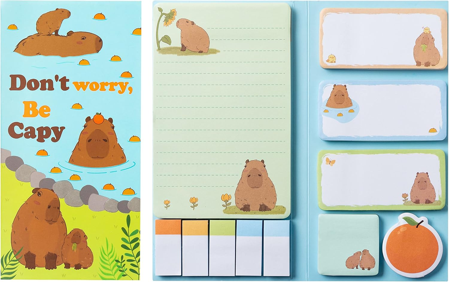 Xqumoi Don'T Worry Be Capy Sticky Notes Set, 550 Sheets, Capybara and Orange Pattern Self-Stick Notes Pads Animal Divider Tabs Bundle Writing Memo Pads Back to School Office Supplies Small Gift