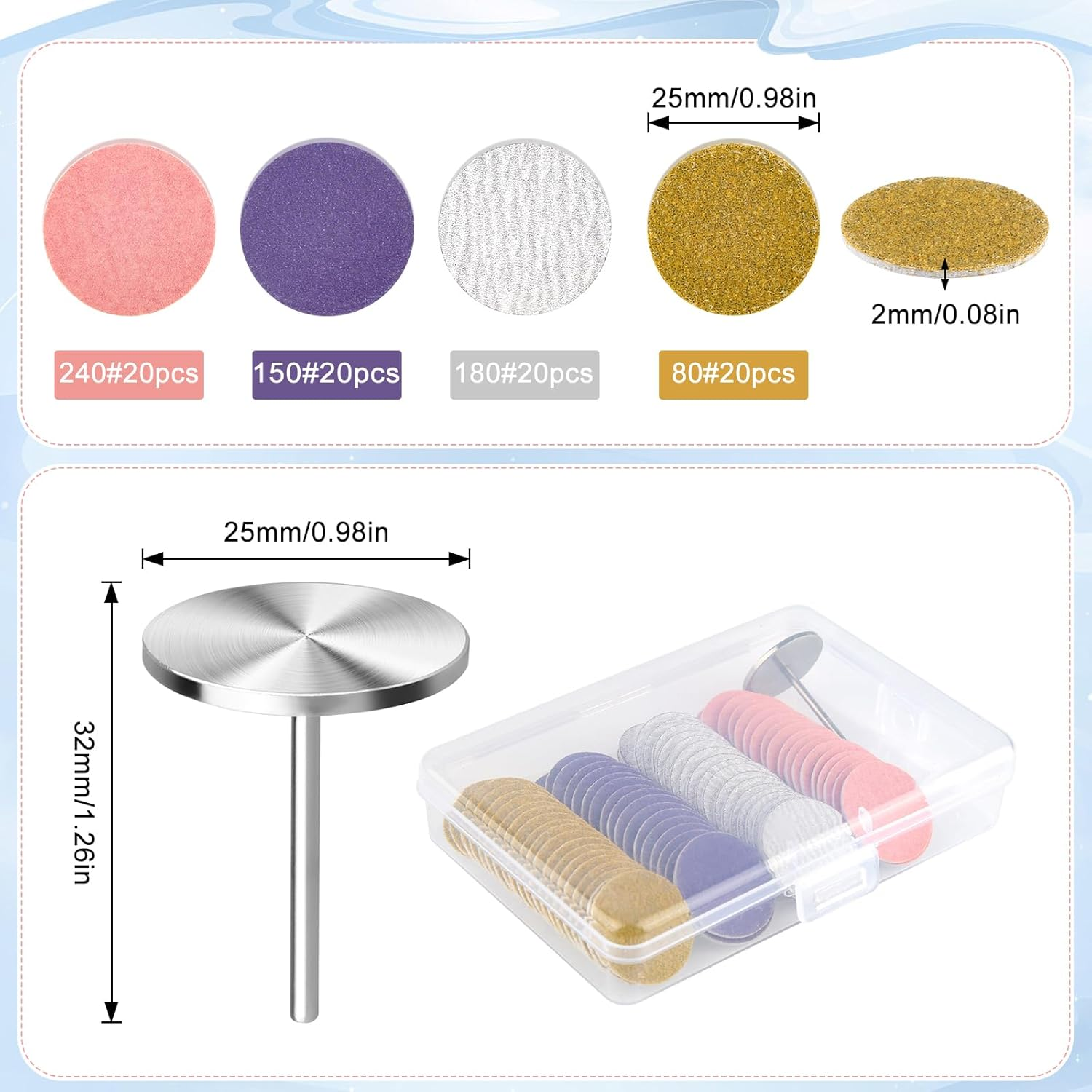 Zhufubao Pack of 80 Sanding Discs Pedicure 25 Mm Pedicure Sandpaper Discs (Grit 80 150 180 240), 1 Level Axis, Dead Skin Callus Remover for Manicure and Pedicure image number 1