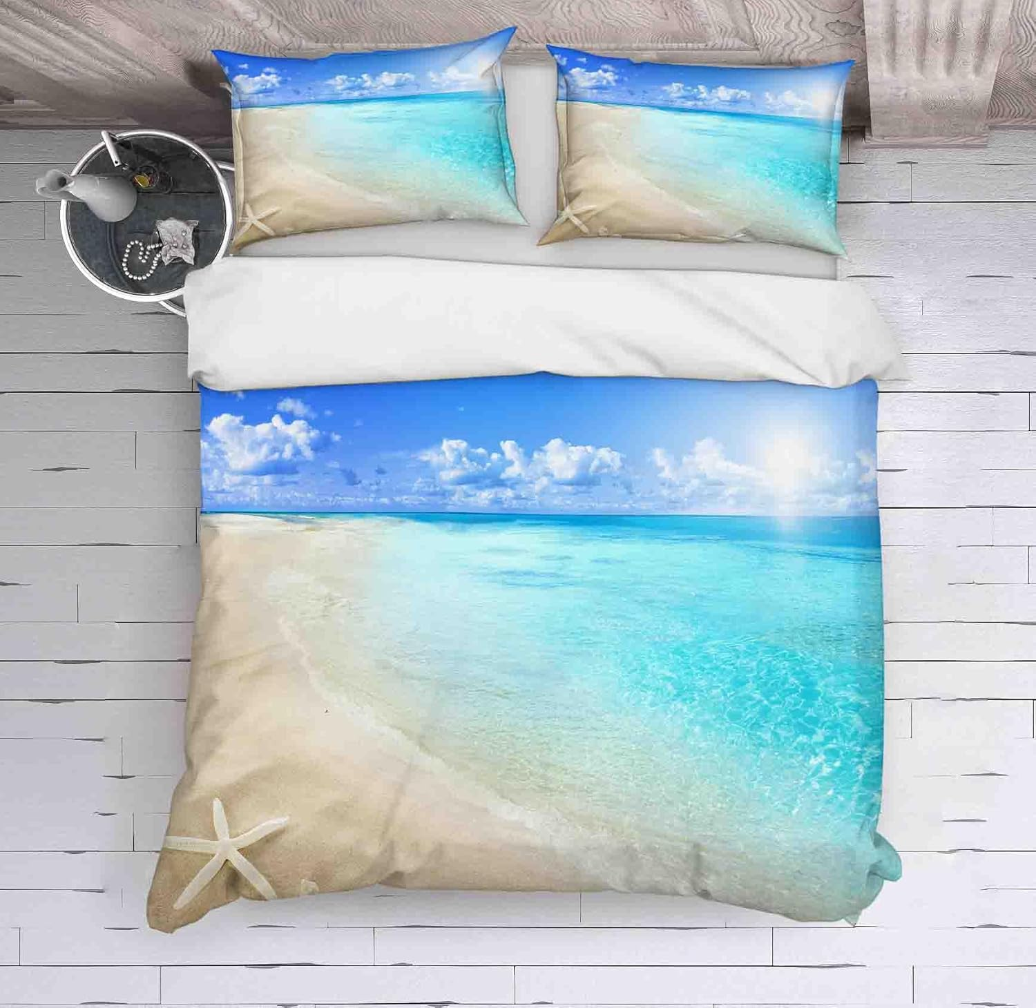 3D Blue Sea Beach Starfish Quilt Cover Set Bedding Set with Pillowcases, Single/Double/Queen/King Size (Double)