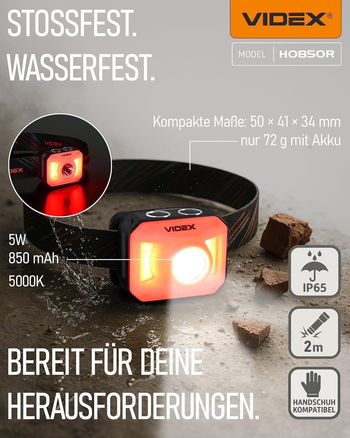 Videx High Quality Head Torch LED Rechargeable I Camping & Hiking Accessories I Running Light with USB C Rechargeable I Running Lamp with Battery and Red Light for Jogging I H085 400 Lm 5000 K image number 1