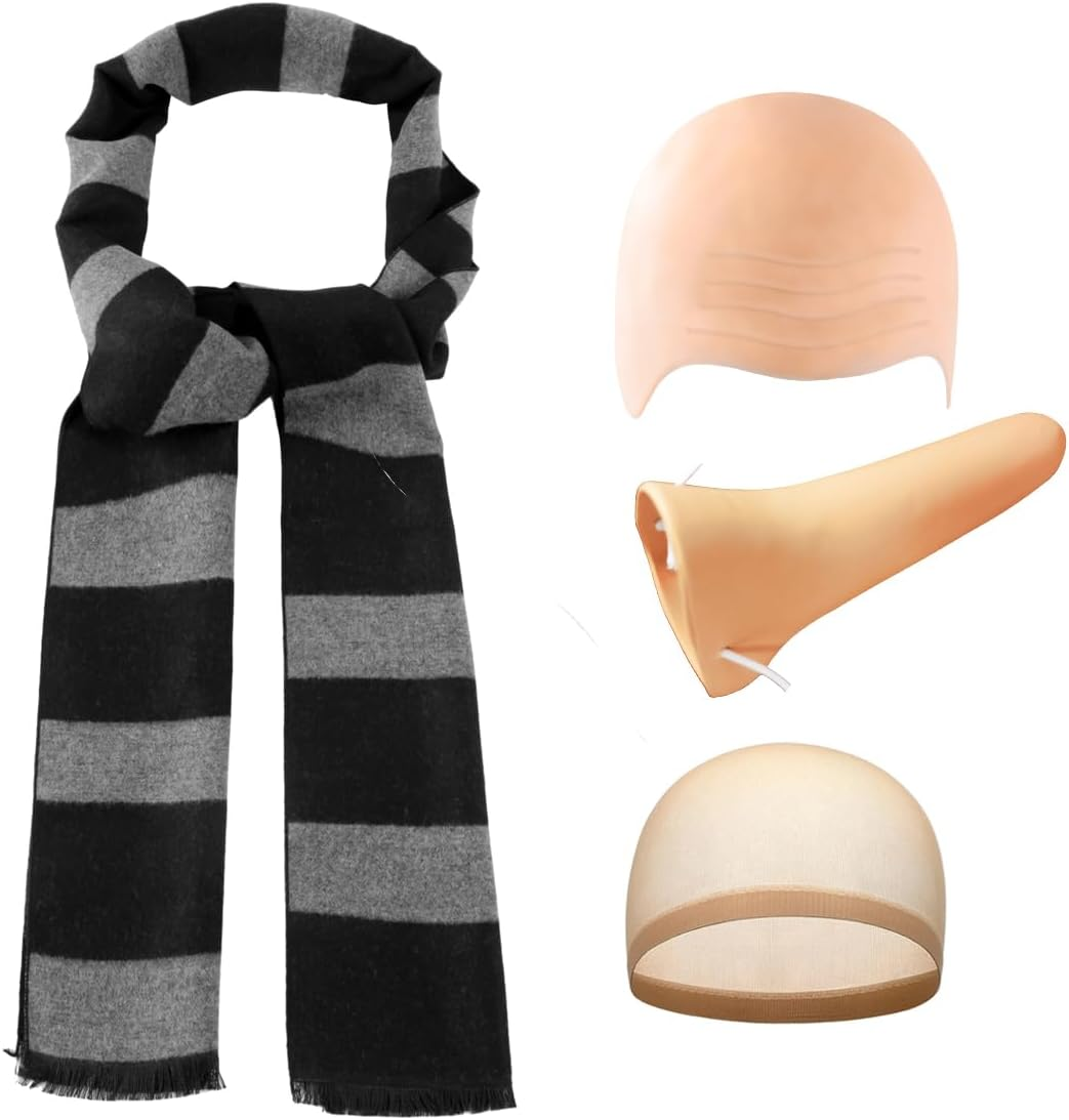 ATAYOU 4 Pcs Mens Halloween Cosply Costume Accessories Set with Black Gray Striped Scarf Fake Nose Latex Bald Cap, Black and Gray image number 1