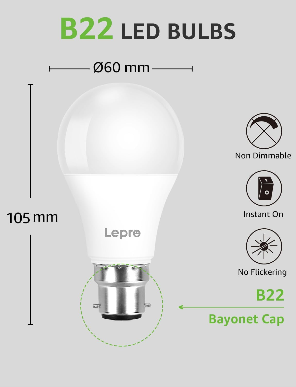 Lepro Bayonet Light Bulb, Cool White 6500K, 60W Equivalent, 8.5W 806LM B22 LED Bulb Daylight White, Energy Saving Light Bulbs Bayonet, Non-Dimmable, Pack of 6 image number 3