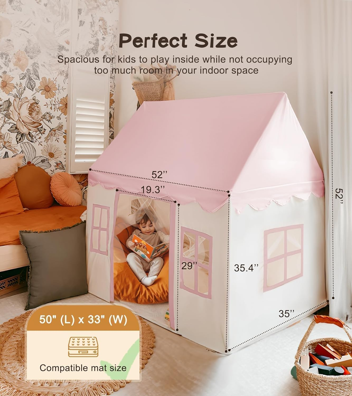 Large Kids Play Tent with Mat, Play Tent Indoor with Star Lights, Flag and Windows, Playhouse for Boys and Girls Aged 3, Kid Tent with Mat Washable (Pink) image number 6