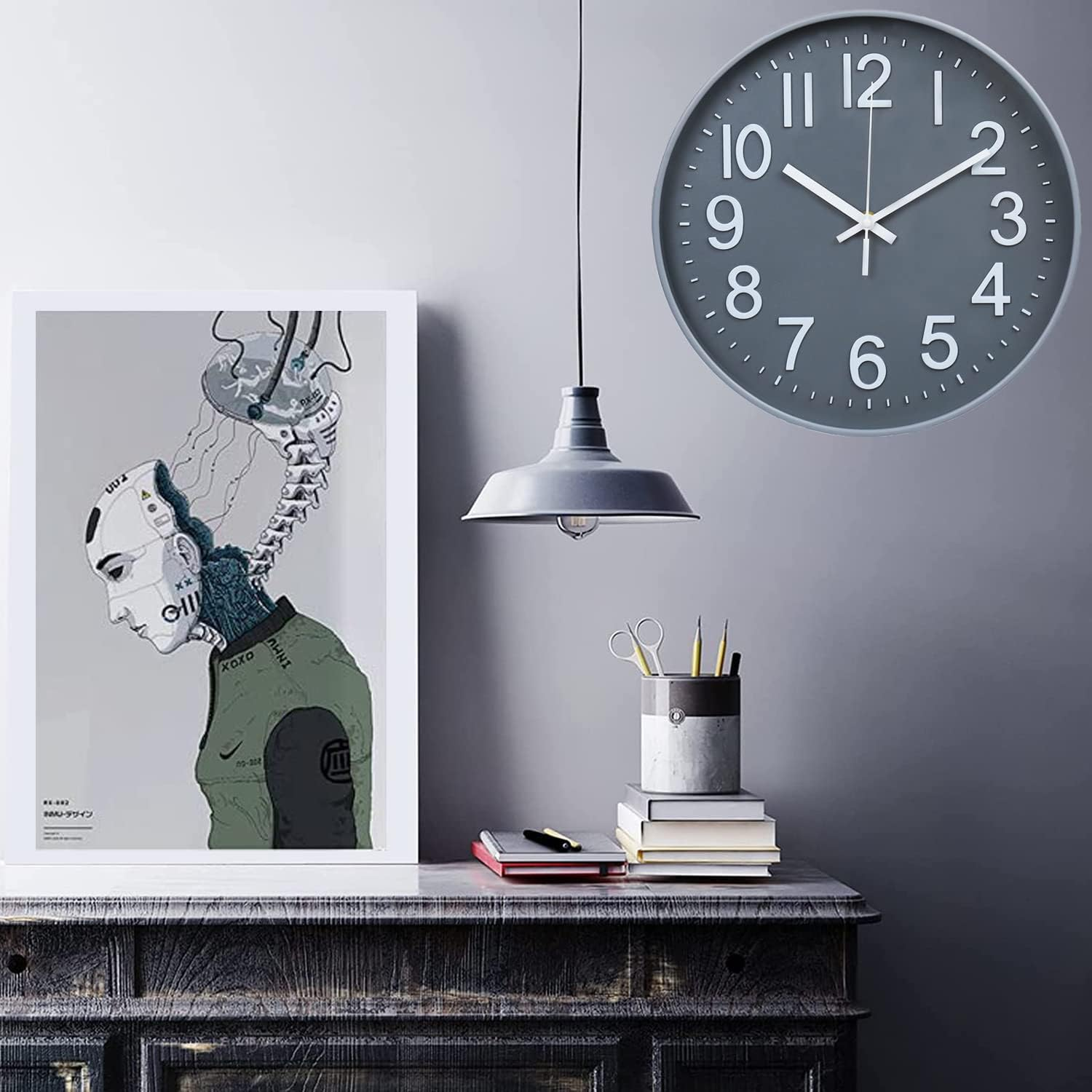 Wall Clock 12" Silent Non-Ticking Modern Wall Clocks Battery Operated for Office, Home, Bathroom, Kitchen, Bedroom, School, Living Room White (Grey Clock) image number 2