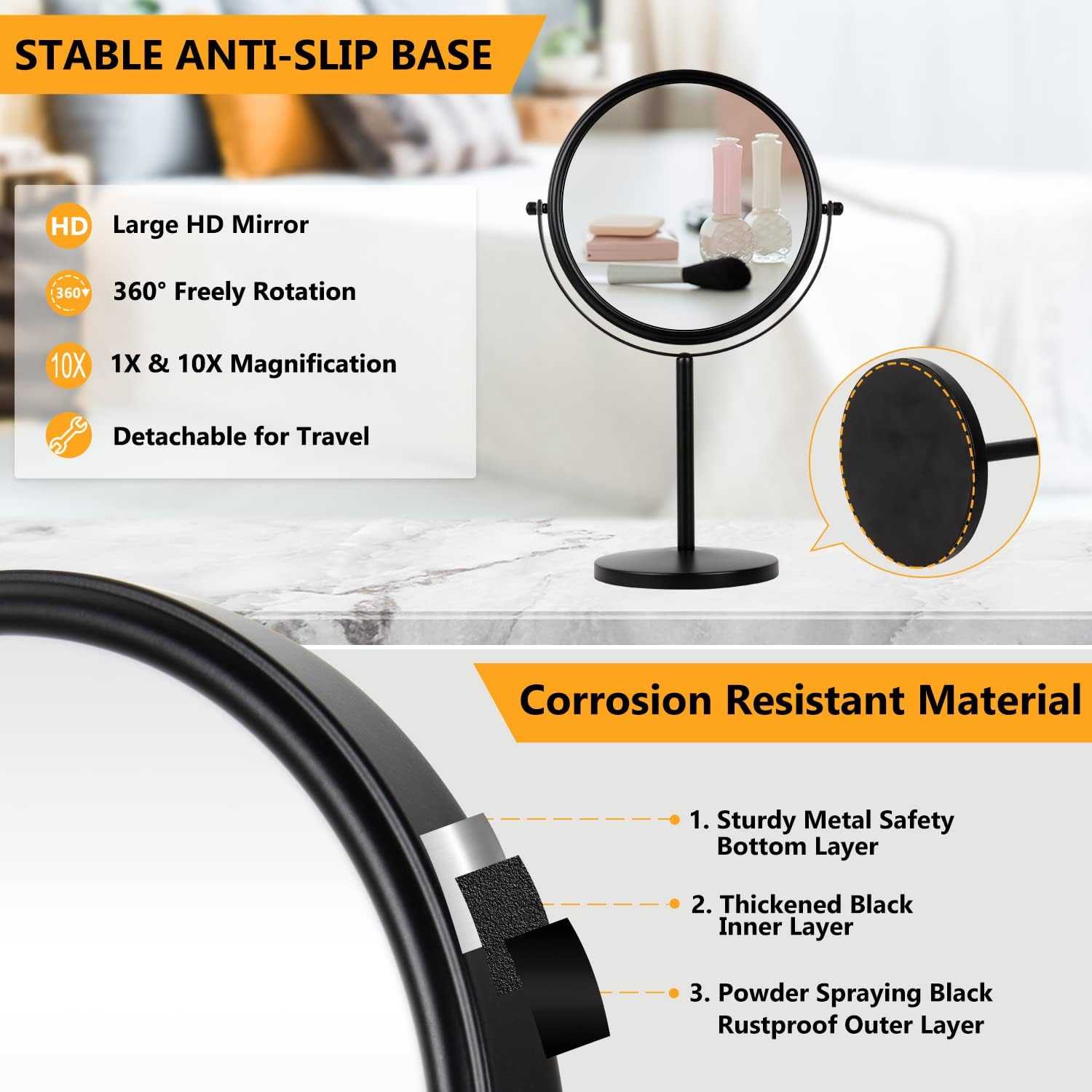 ALHAKIN 10X Magnifying Makeup Mirror, 8 Inch Tabletop Mirror Double Sided with Magnification, Swivel Make up Mirror for Bathroom, Black image number 2