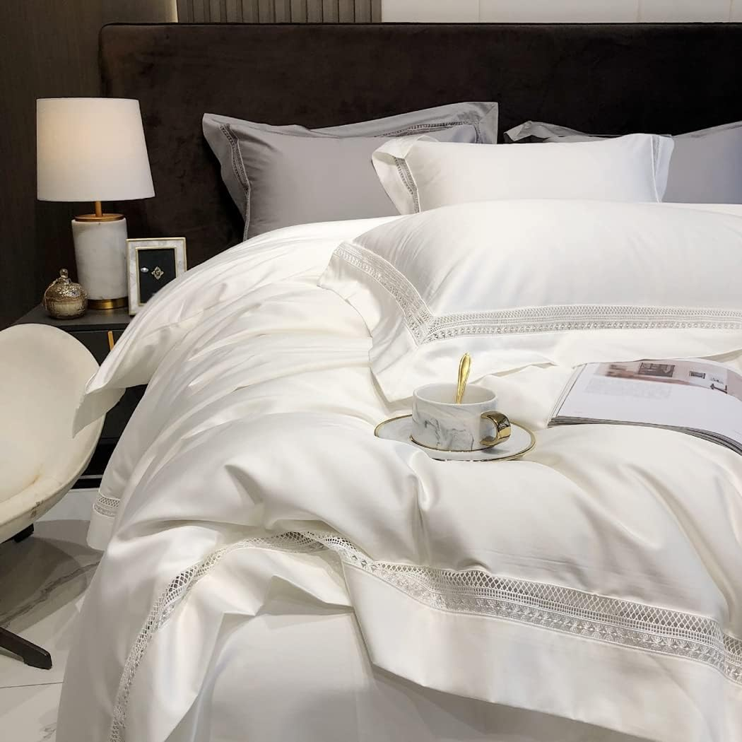 Modern Minimalist Hollow Edge Long-Staple Cotton Four-Piece Set Cotton Cotton Solid Color Quilt Cover Bedding,White,2200 * 2400Mm image number 2