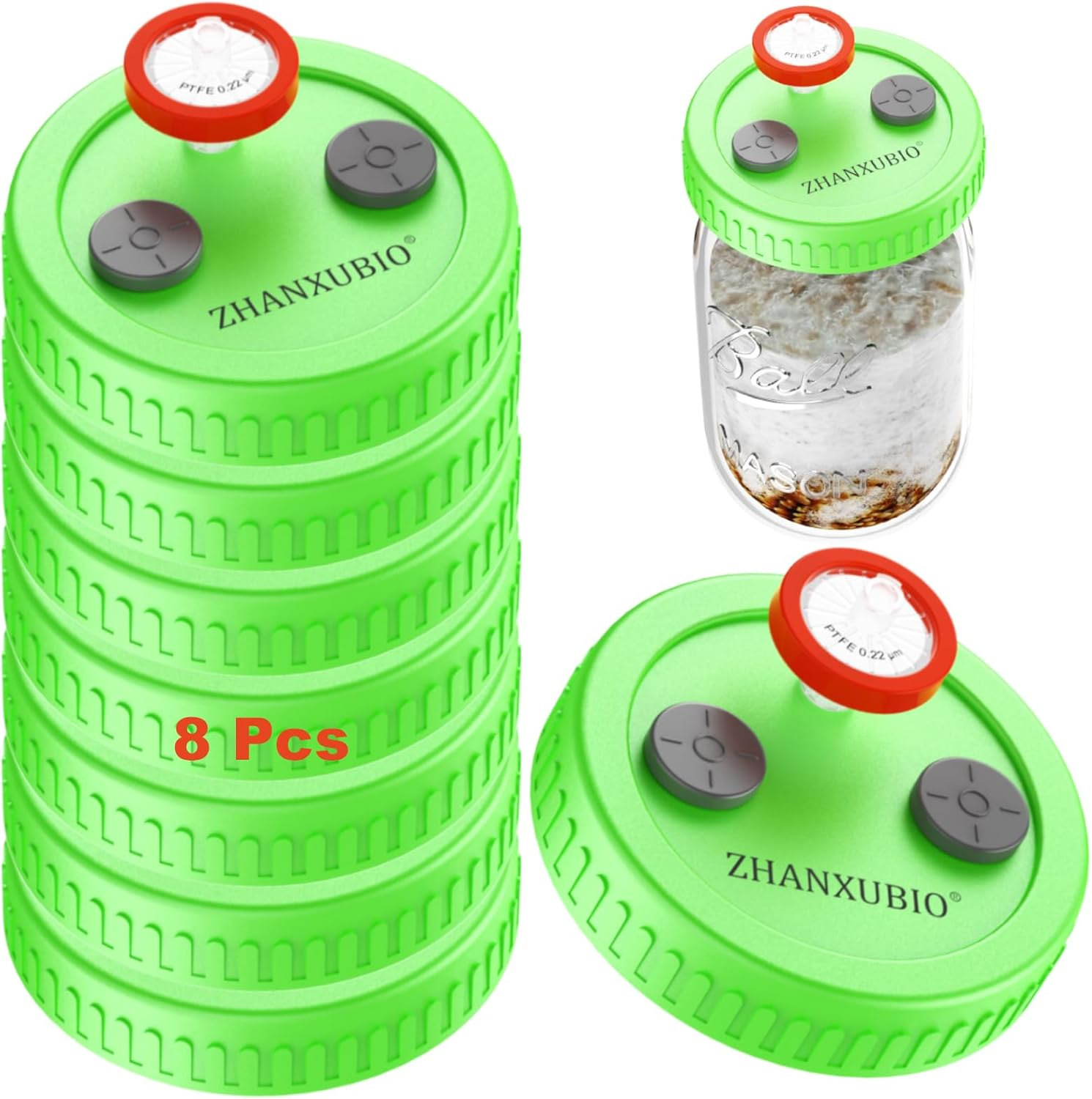 ZHANXUBIO Mushroom Jar Lid, Wide Mouth, Reusable, Green, Polypropylene, 12 Pack