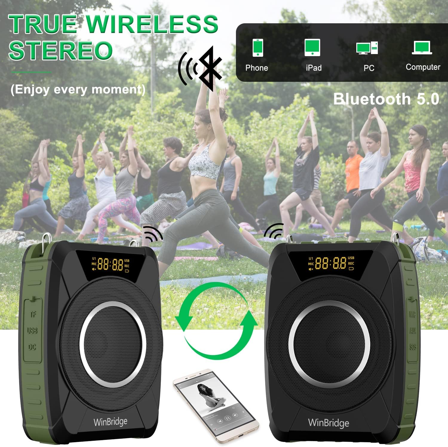 Bluetooth 5.0 Voice Amplifier with Wireless Mic Headset, Waterproof Personal Microphone Wireless Voice Amplifier, 20W Loudly Portable Megaphone PA System for Teachers, Safety Drills, Outdoors Indoors image number 2