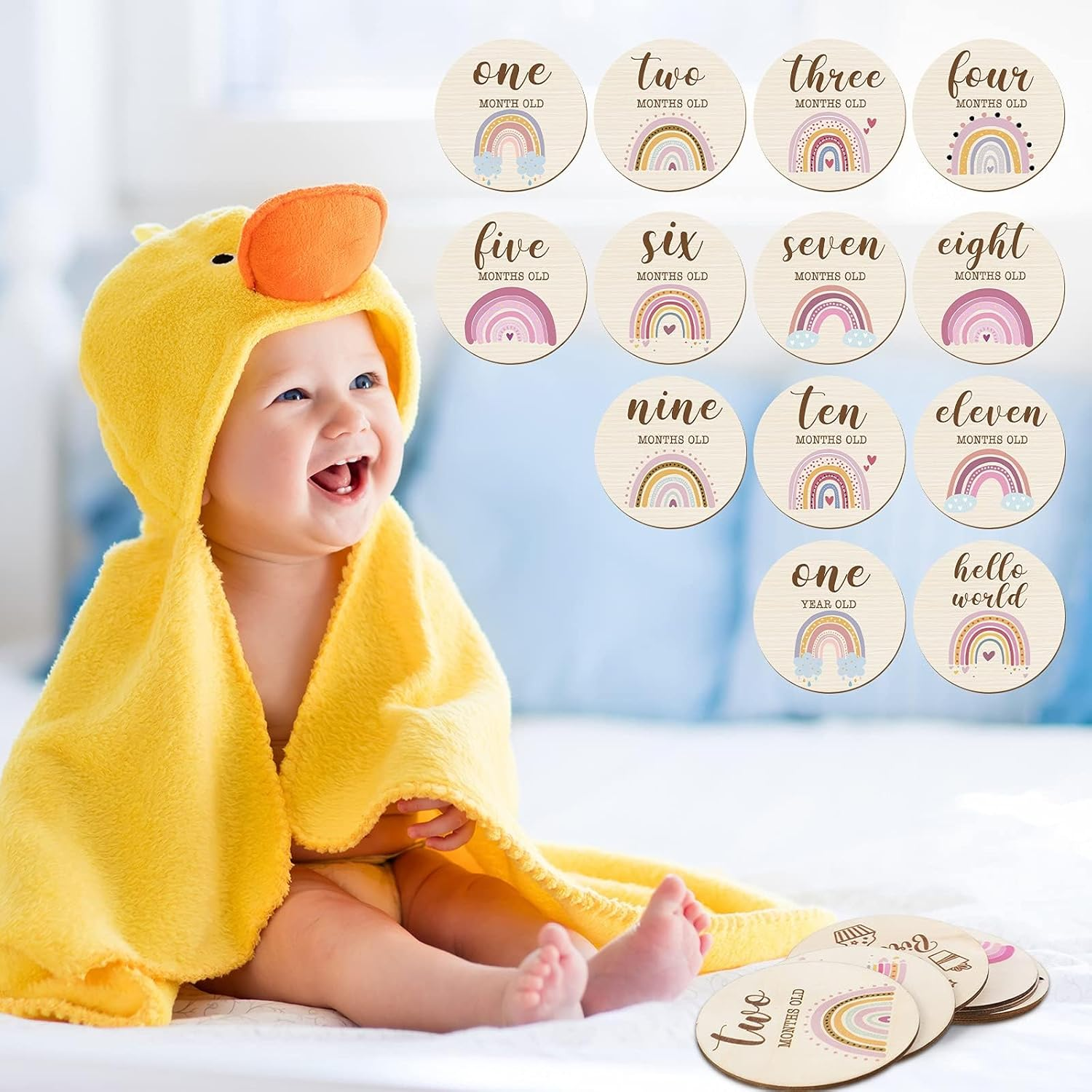 13Pcs Baby Monthly Milestone Wooden Cards, Boho Rainbow Double Sided Printed Milestone Discs Gift with Storage Bag, Photography Prop Discs Sets Birth Announcement Sign for Baby Shower Newborn Pregnancy
