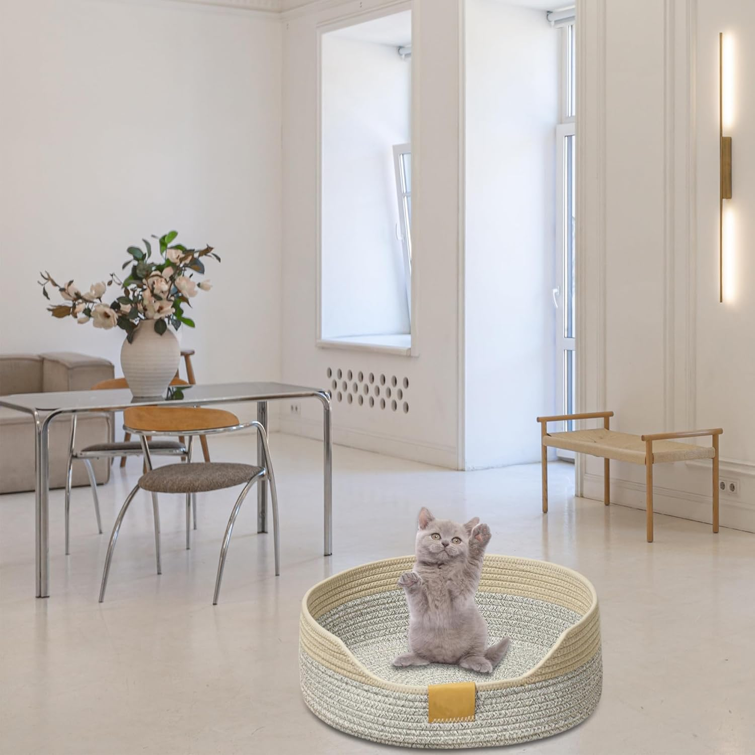 CAPASTEC Woven Cat Bed, 35 Cm Diameter, Foldable Basket Nesting Site, Breathable Pet Lounger, Claw Abrasion-Resistant Universal Kitten Bed, Grey Khaki image number 1