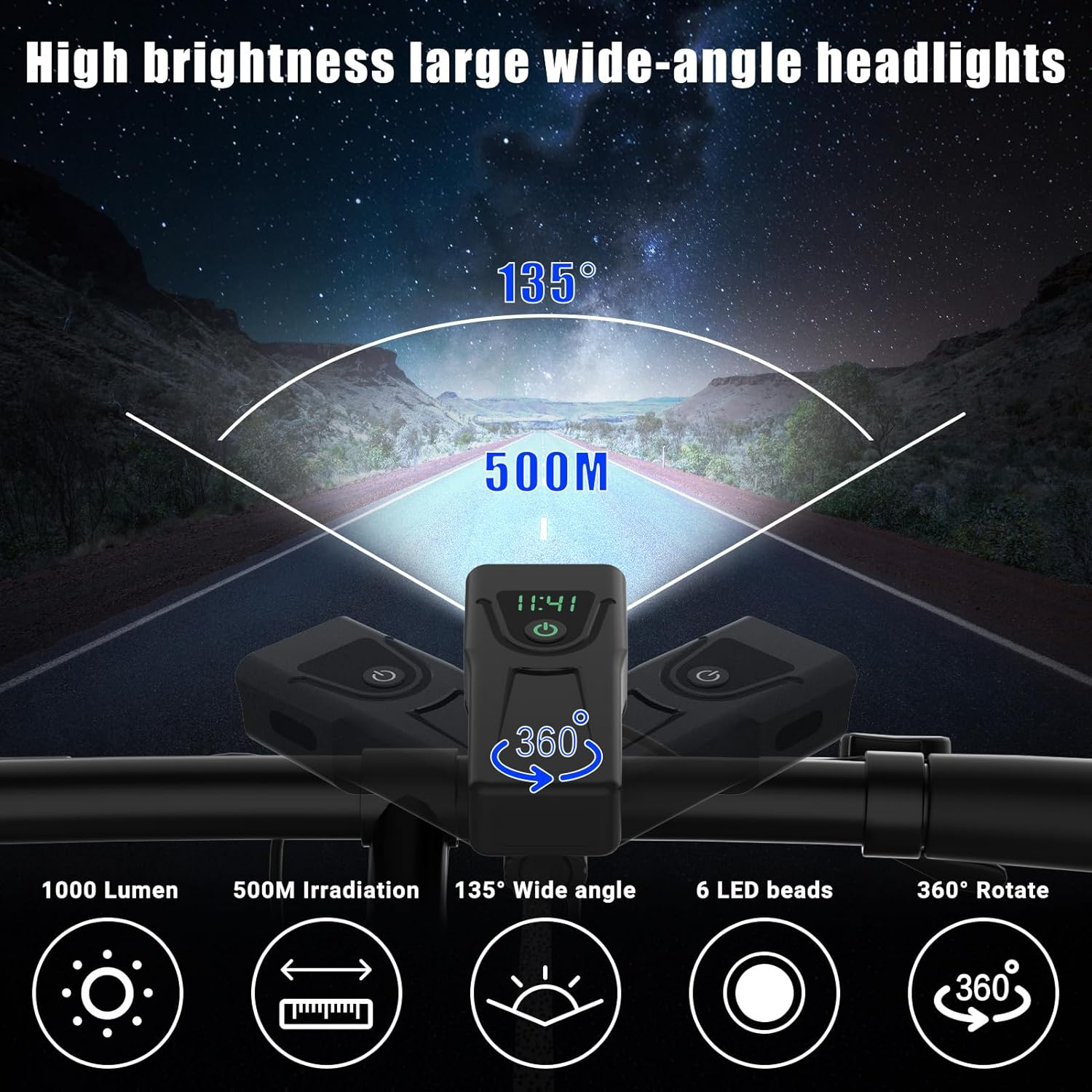 Bicycle Lights, USB Rechargeable Bike Light Set, 1000 Lumens High Brightness 5200Mah Battery IPX6 Waterproof 8 Light Modes Bicycle Front and Back Lights to Ensure Night Cycling and Biking Safety. image number 4