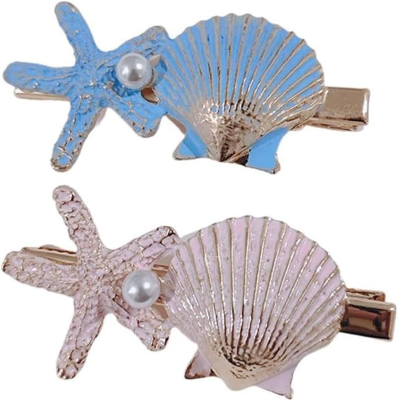 RFTWXHPN Mermaid Starfish Seashell Hair Clips for Women Girls Starfish Shell Hair Clip 2Pcs Metal Mermaid Shell Hair Barrettes Pearl Seashell Hairpin Beach Mermaid Hair Accessories, Blue and Pink image number 3