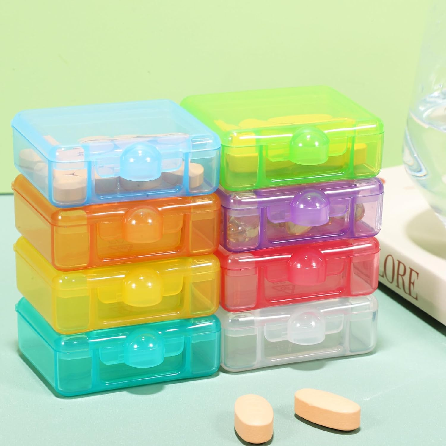 GLEAVI Small Pill Box, 8 Pcs Square Pill Case Cute Pill Organizer Daily Single Pill Containers Travel Medicine Storage Container for Tablets Fish Oils (8 Colors) image number 2