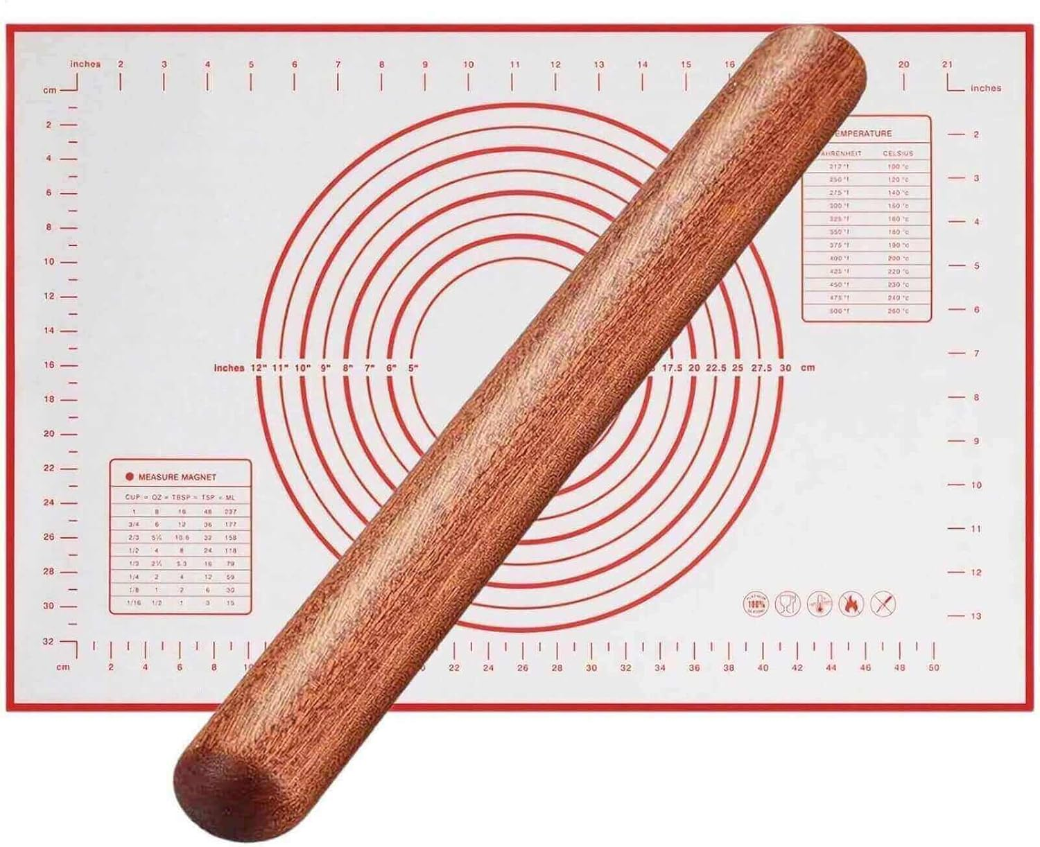 NASNAIOLL Rolling Pin and Pastry Baking Mat Set,Wood Rolling Pin for Baking,Silicone Baking Mat,Non-Stick French Rolling Pin and Dough Rolling Mat Ideal for Bread,Cookie,Tortillas,Pasta,Pizza (Black)&hellip;