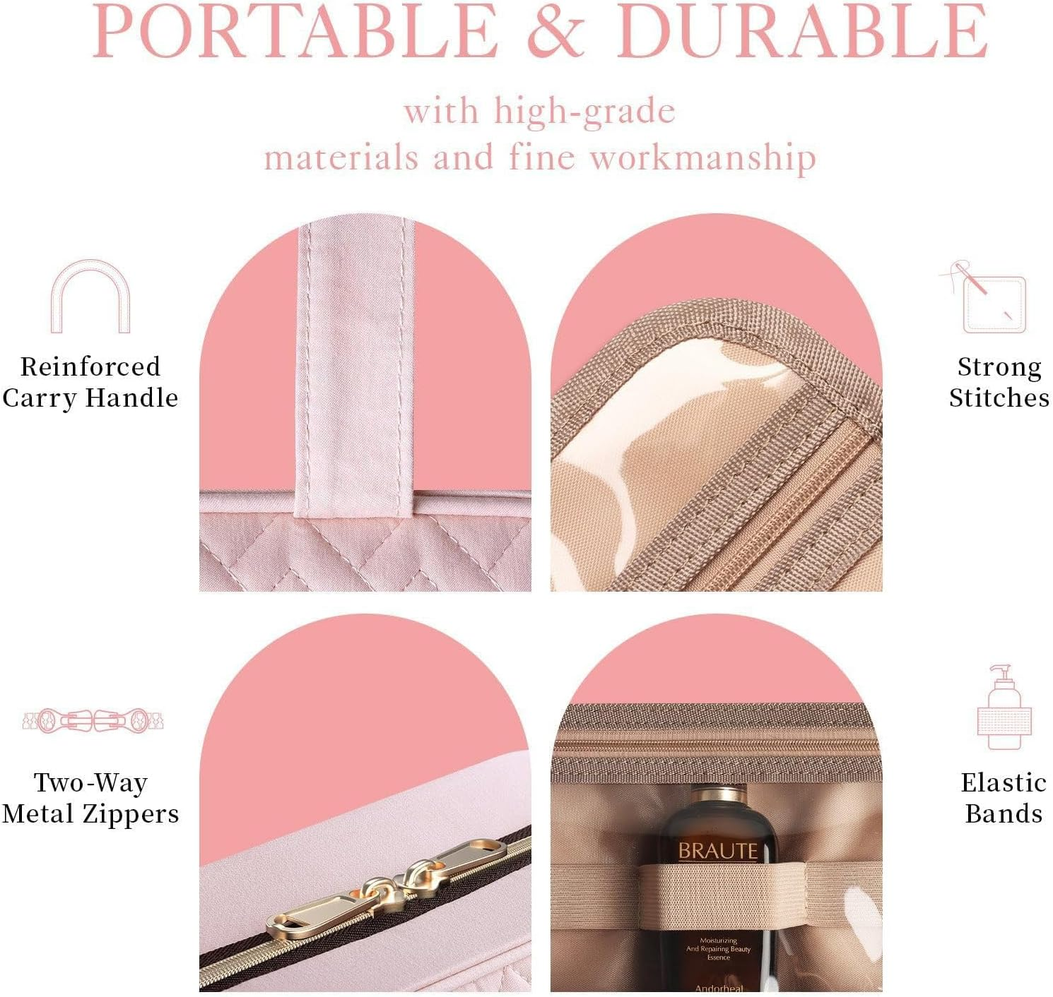 Hanging Toiletry Bag, 4 Sections Toiletry Bag Travel Bag Water-Resistant Portable Cosmetic Bag with Hanging Hook Multifunctional Travel Organizer for Toiletries, Cosmetics, Makeup, Brushes(Black) image number 6