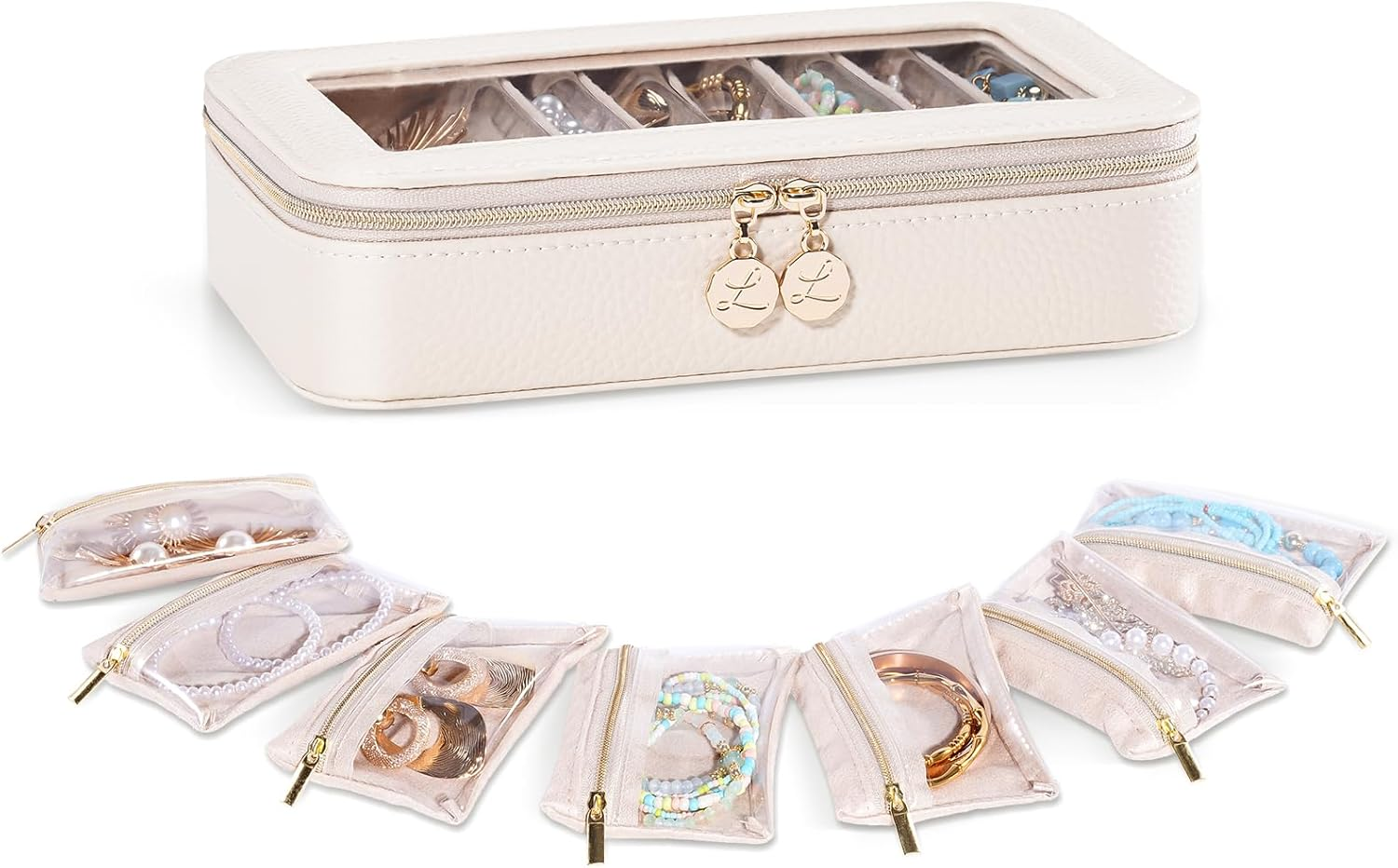 Lolalet 8 in 1 Travel Jewelry Case with Velvet Pouches, Clear Window Travel Jewelry Organizer Bags for Earrings, Bracelets, Necklaces and Rings, Compact Jewelry Storage for Women Girls- Beige, 7Pcs