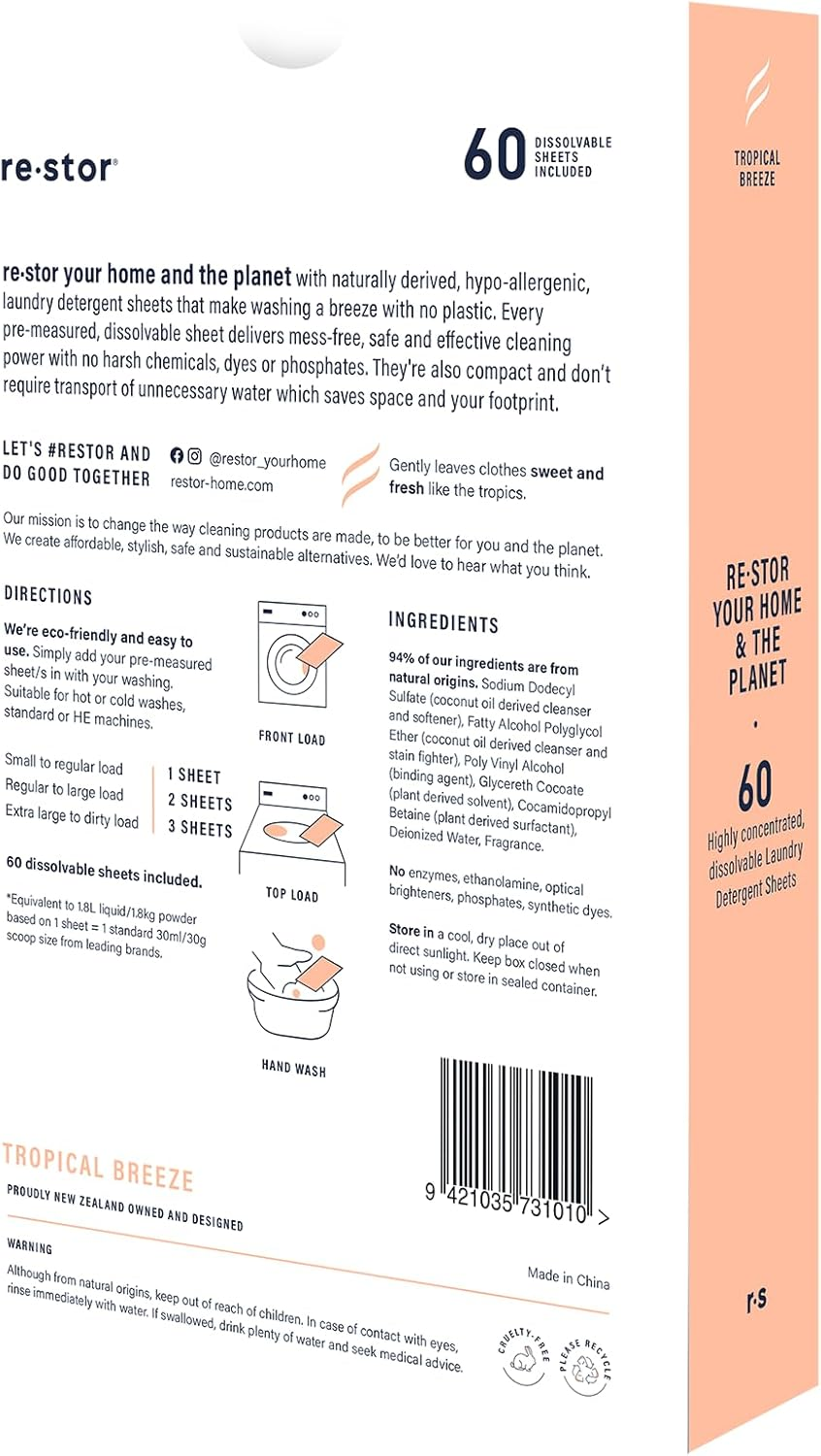 Restor Laundry Detergent Sheets Tropical Breeze 60 Loads | Eco Friendly Plastic Free Travel Laundry Washer Sheets | Superior Stain Fighting Washing Detergent Sheets Number One in Australia image number 6