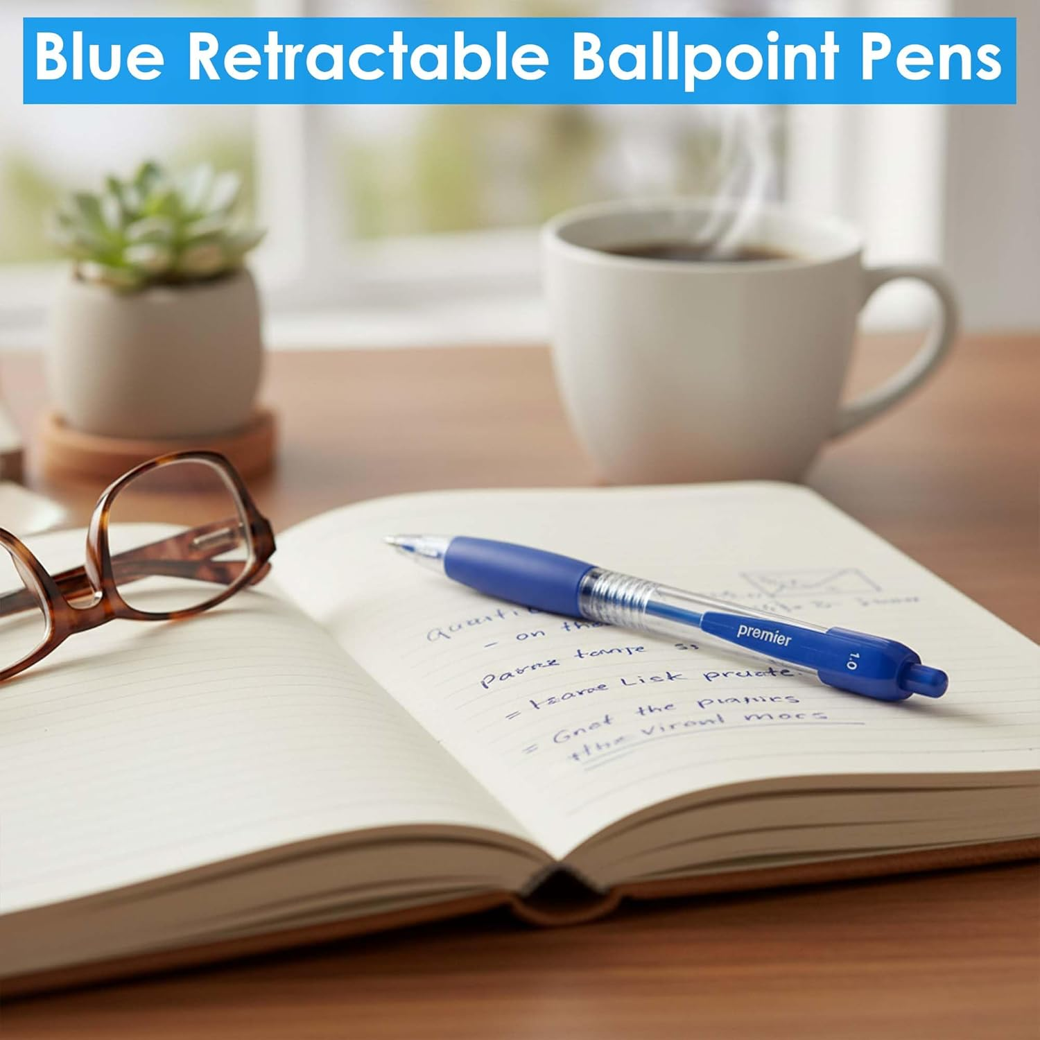 Premier Stationery Retractable Ball Pens, Blue Ink, 1 X 25 Pack (25 Pens) | Click-Top Design | Smooth Ink Pens for School, Office & Everyday Writing image number 3
