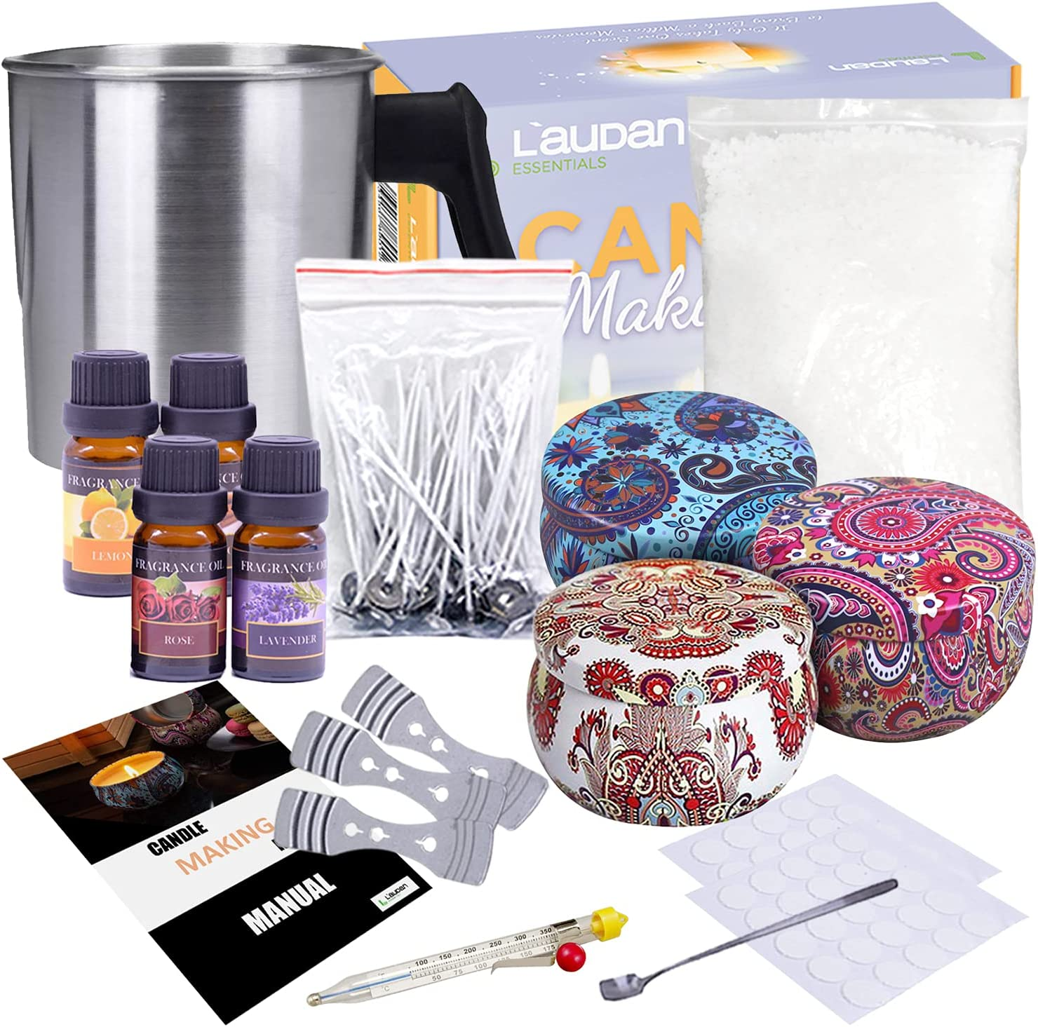 Laudan Essentials Candle Making Kit - DIY Scented Candle Supplies, 310G Soy Wax, 50 Wicks, 3 Tins, 4 Scents, Non-Foldable, All Ages image number 1