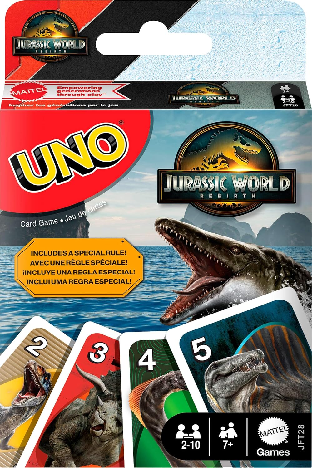 Mattel Games UNO Jurassic World Rebirth Cards for Kids, Family & Adult Games Nights, Deck with Special Rule & Images Inspired by the Movie image number 5