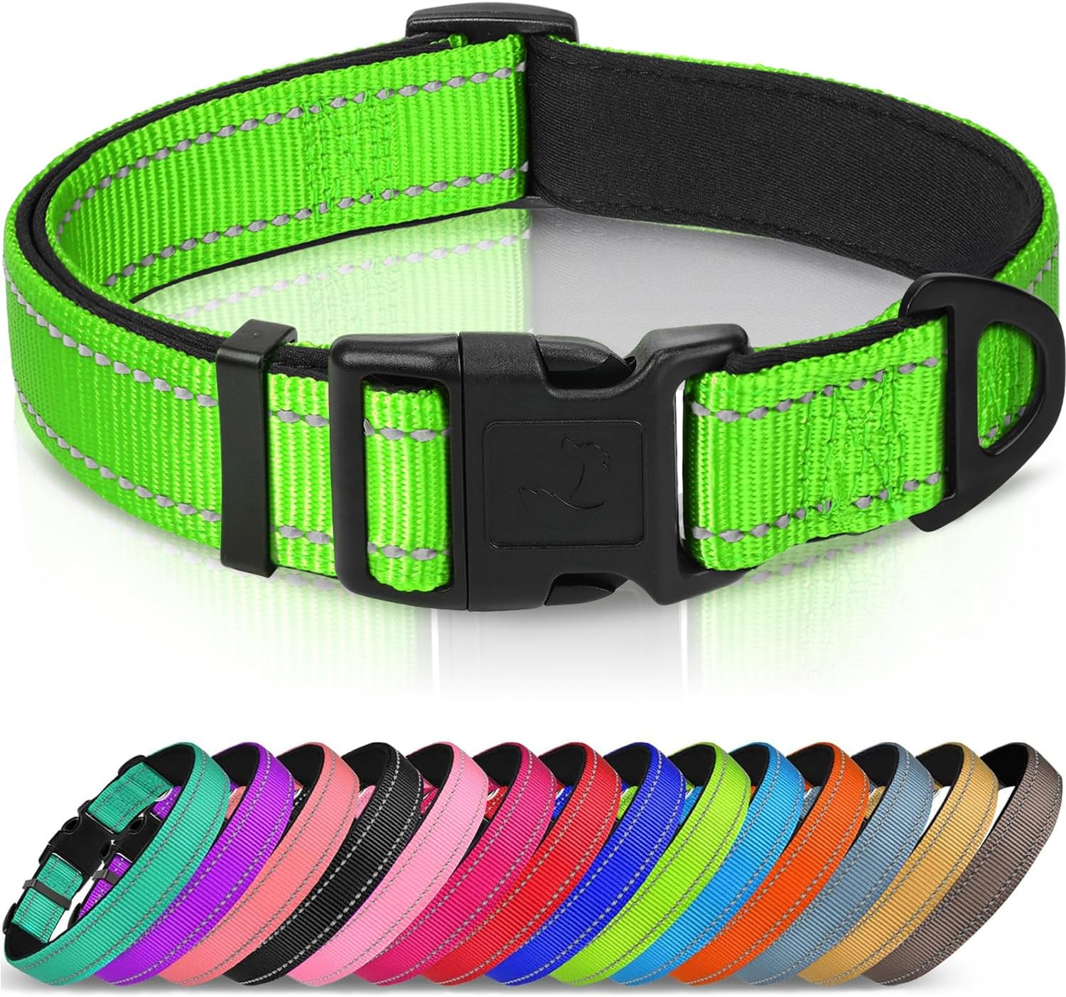 Joytale Reflective Dog Collar, Soft Neoprene Padded, Metal D-Ring, Nylon Pet Collar Adjustable for Large Dogs, Green, L