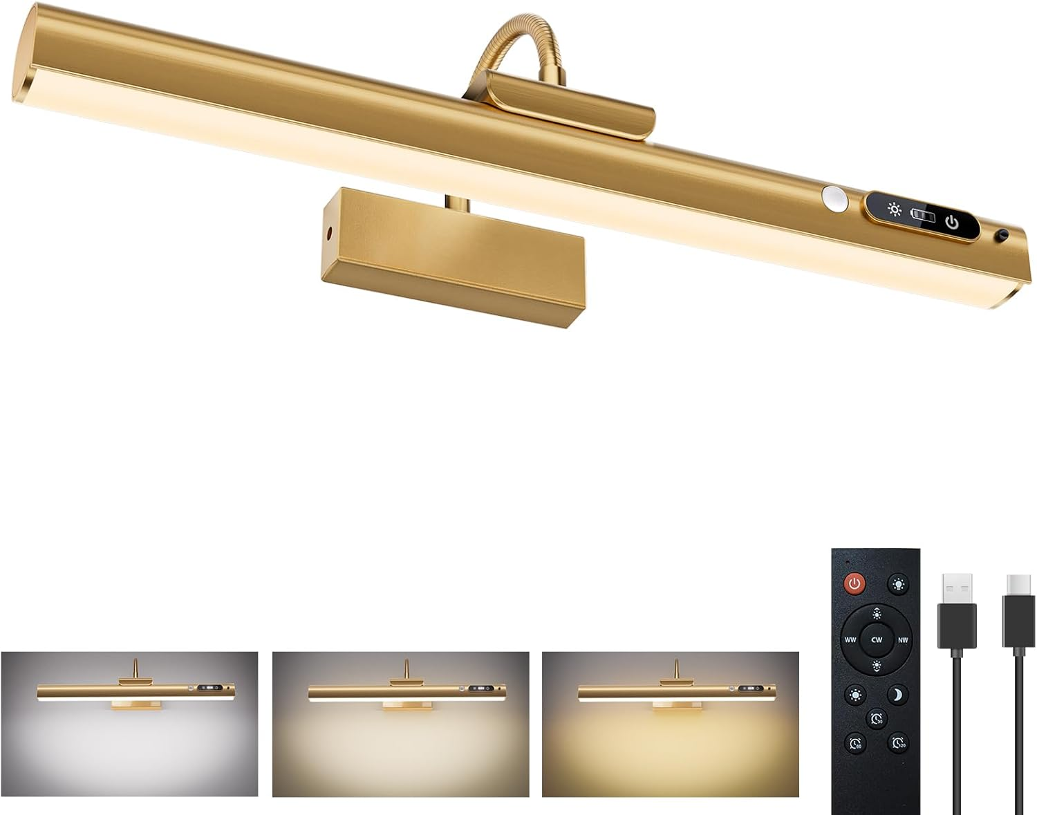 15.7'' Picture Lights for Wall with Motion Sensor, 9000Mah Rechargeable Battery Operated Poster Lights for Paintings, Portraits, Wall Decor, Gold