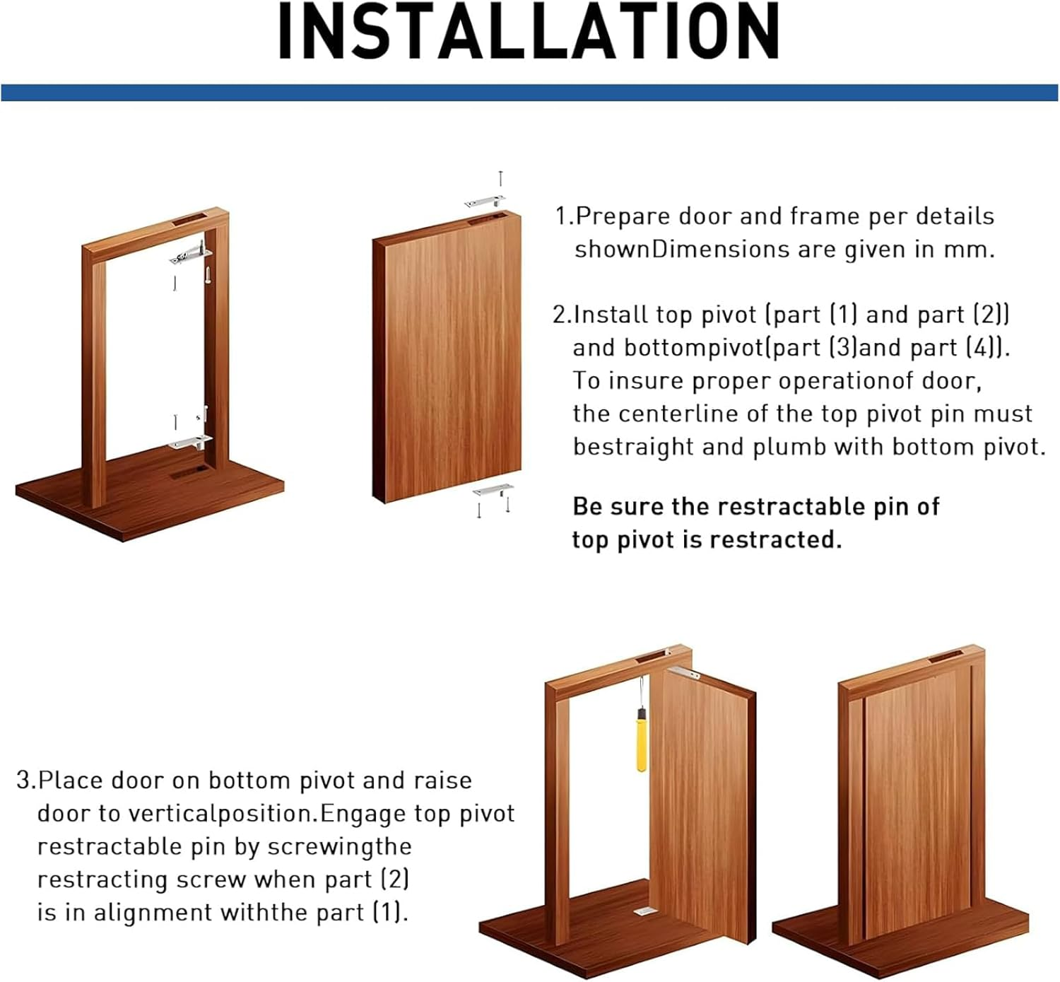 Nlvnmv Door Pivot Hinges, Heavy Duty 360&deg; Rotation Stainless Steel Pivot Hinge for Wood Doors, Invisible Door Hardware for Bookshelves & Secret Rooms image number 5