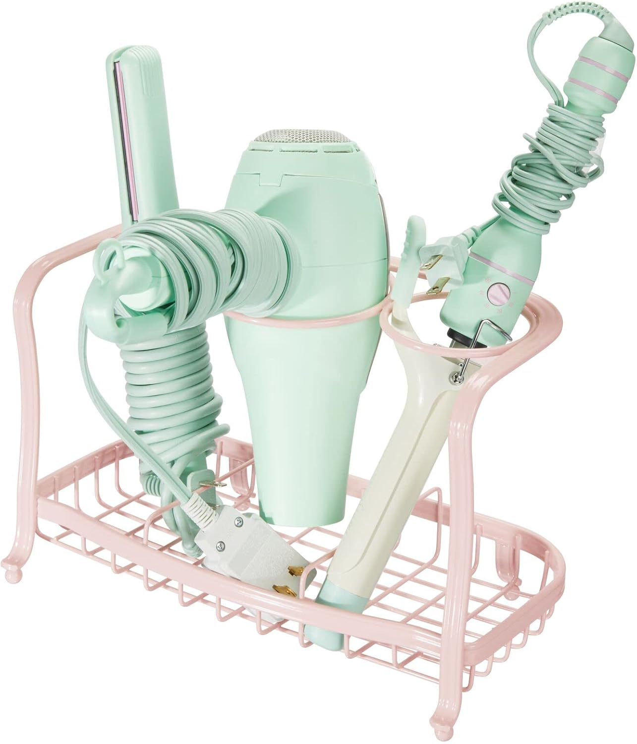 Mdesign Hair Care & Styling Tool Organiser Holder Hair Dryer Holder Freestanding - Hairdryer Holder Store Hot Tools Made with Strong Steel - Hair Straightener Holder for Small Bathrooms - Light Pink image number 1
