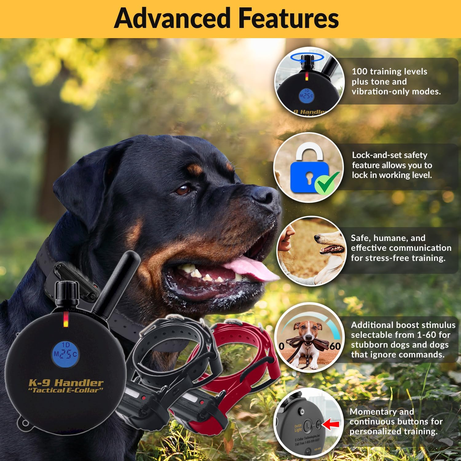 Educator K9 Tactical Dog Handler with Remote, 100 Levels Humane Stimulation, Pavlovian Tone, Waterproof, Odorproof Biothane Bungee Collar, Night Light, Rechargeable, 1 Mile 2 Dog, 33" Collar, Black image number 6