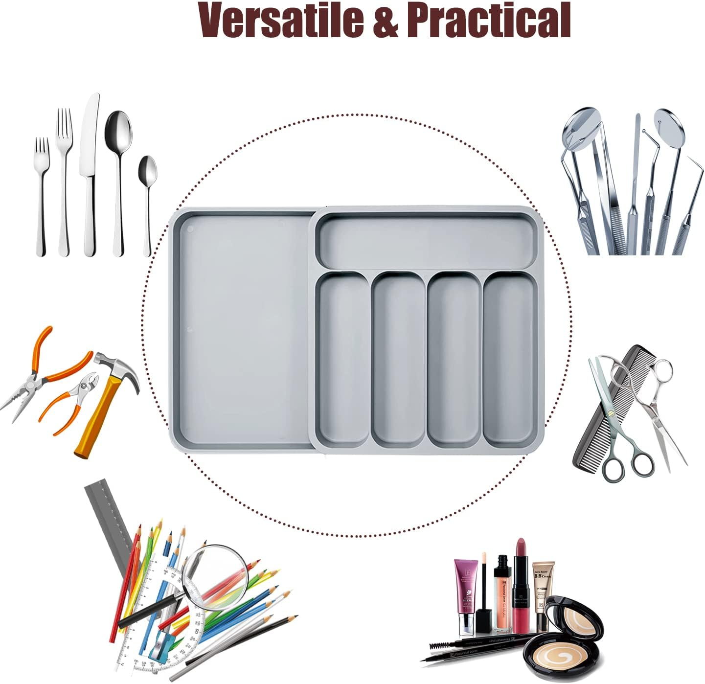 FOREVERIE Extendable Kitchen Utensils Drawer Storage Organiser, 5 Compartments Deep Cutlery Tray Holder for Silverware, Flatware, Knives, Spoons and Forks, Grey