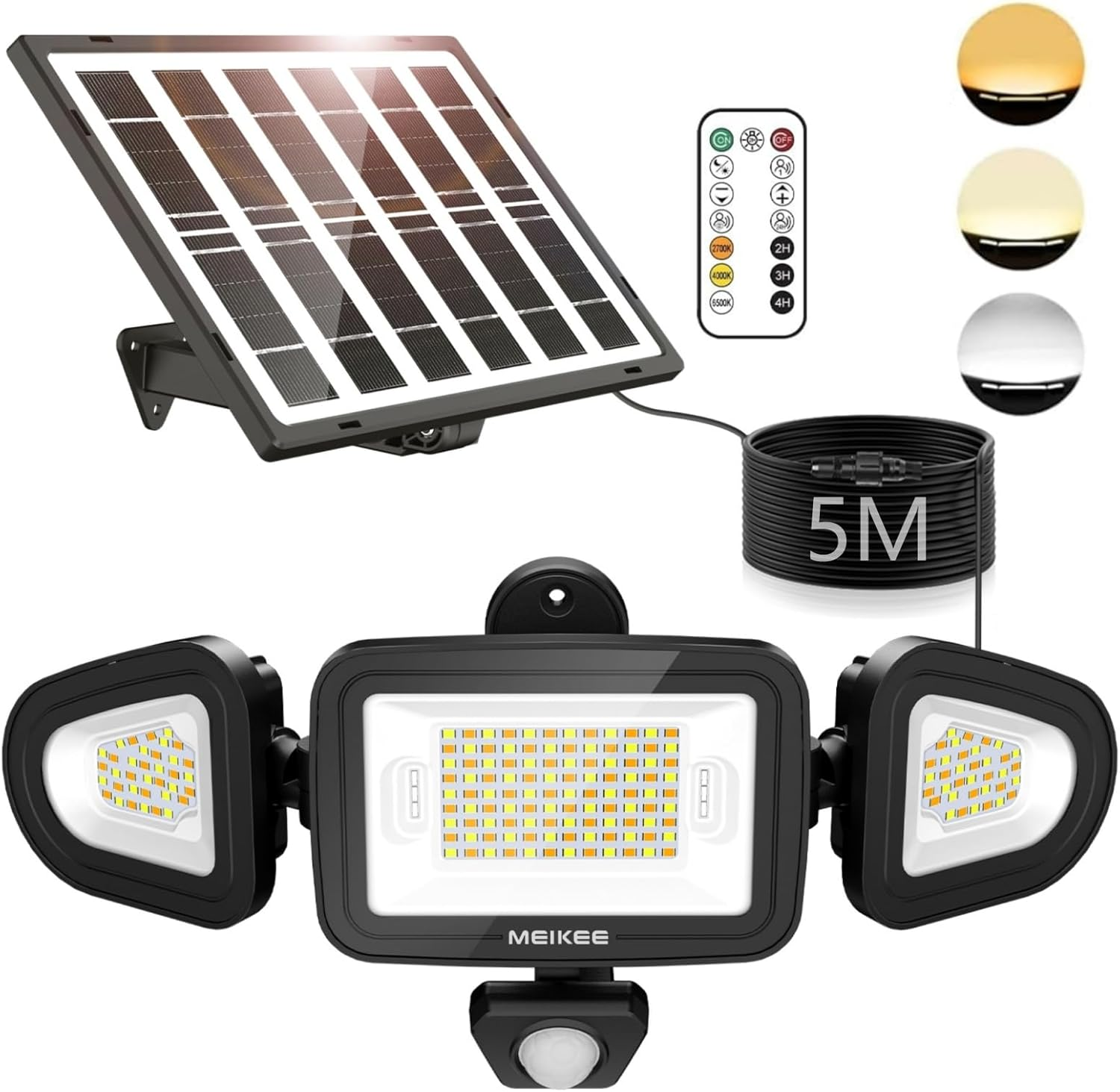 MEIKEE Outdoor Solar Lights, 3 Head Solar Motion Sensor Lights with Remote Control, IP66 Waterproof, 2000LM, Tunable 2700K-6500K, Separate Solar Panel with 5M Cable for outside Security Lighting image number 1