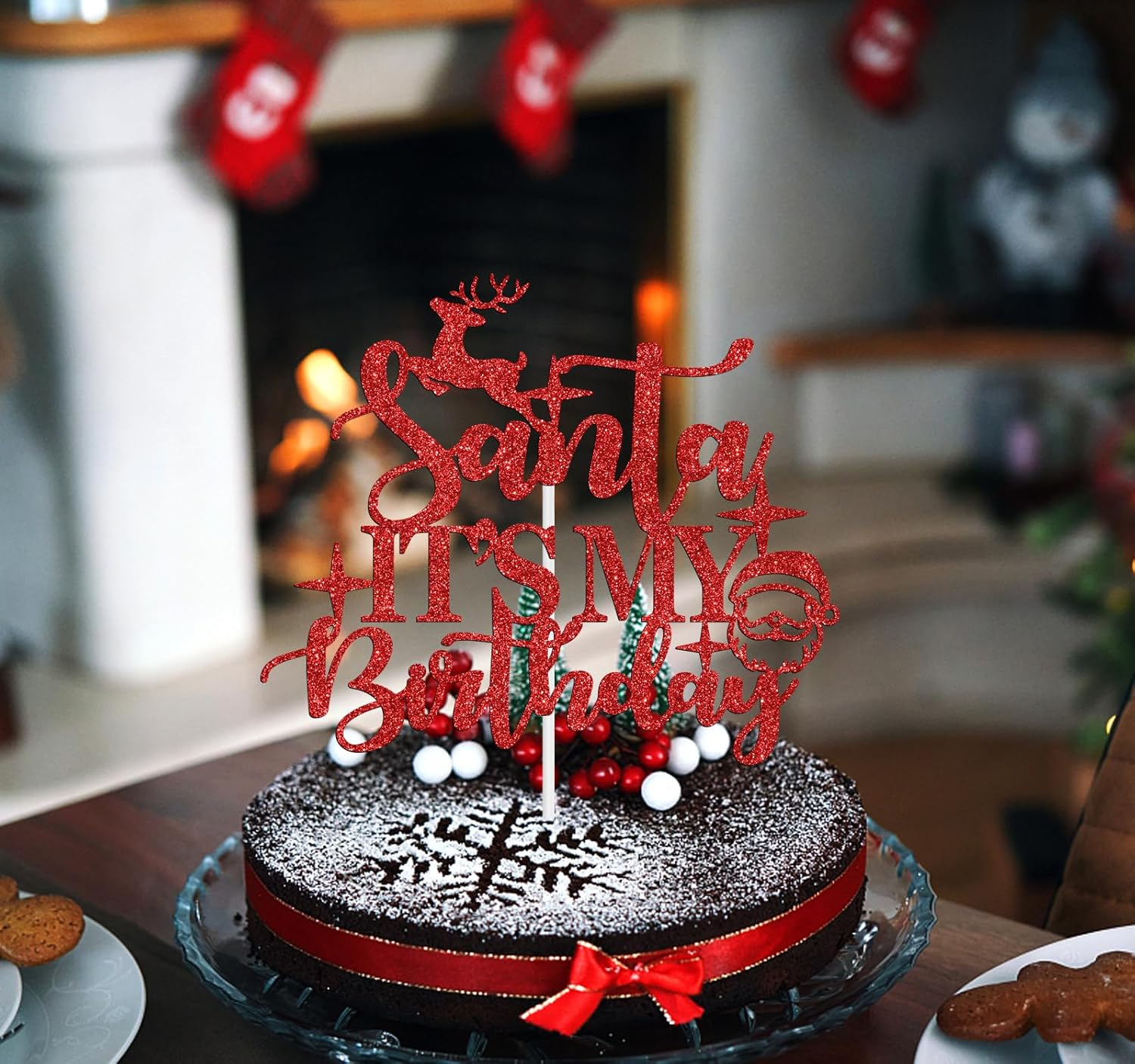 Santa It'S Your Birthday Cake Topper, Happy Birthday Jesus Cake Decor, Winter Christmas Birthday Party Decoration Supplies, Red Glitter image number 5