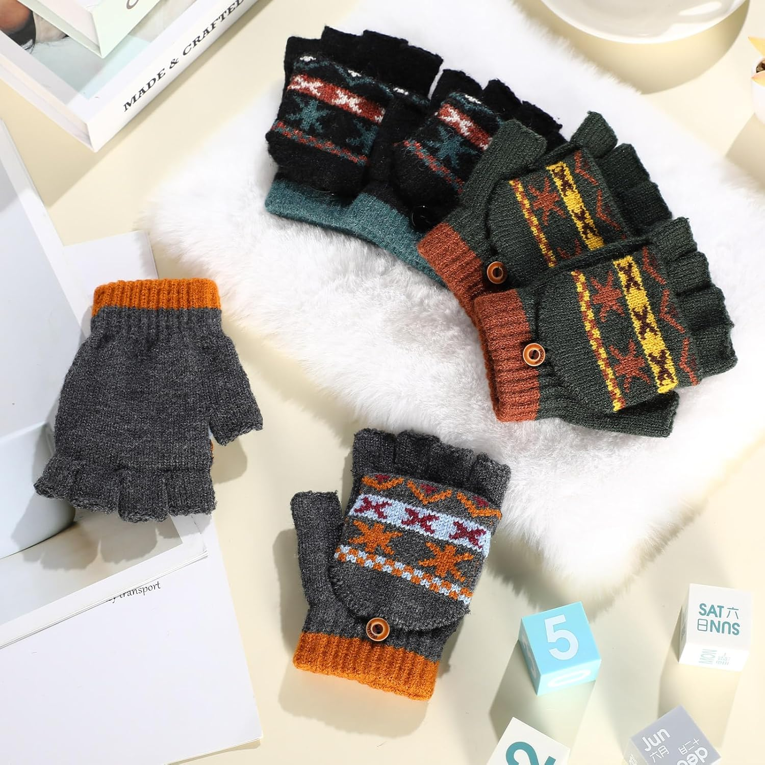 Handepo Kid Winter Gloves 3 Pair Convertible Warm Infant Gloves Flip Top Toddler Baby Clothes for Kids 2-6 Years - Black, Deep Gray, Deep Green image number 4