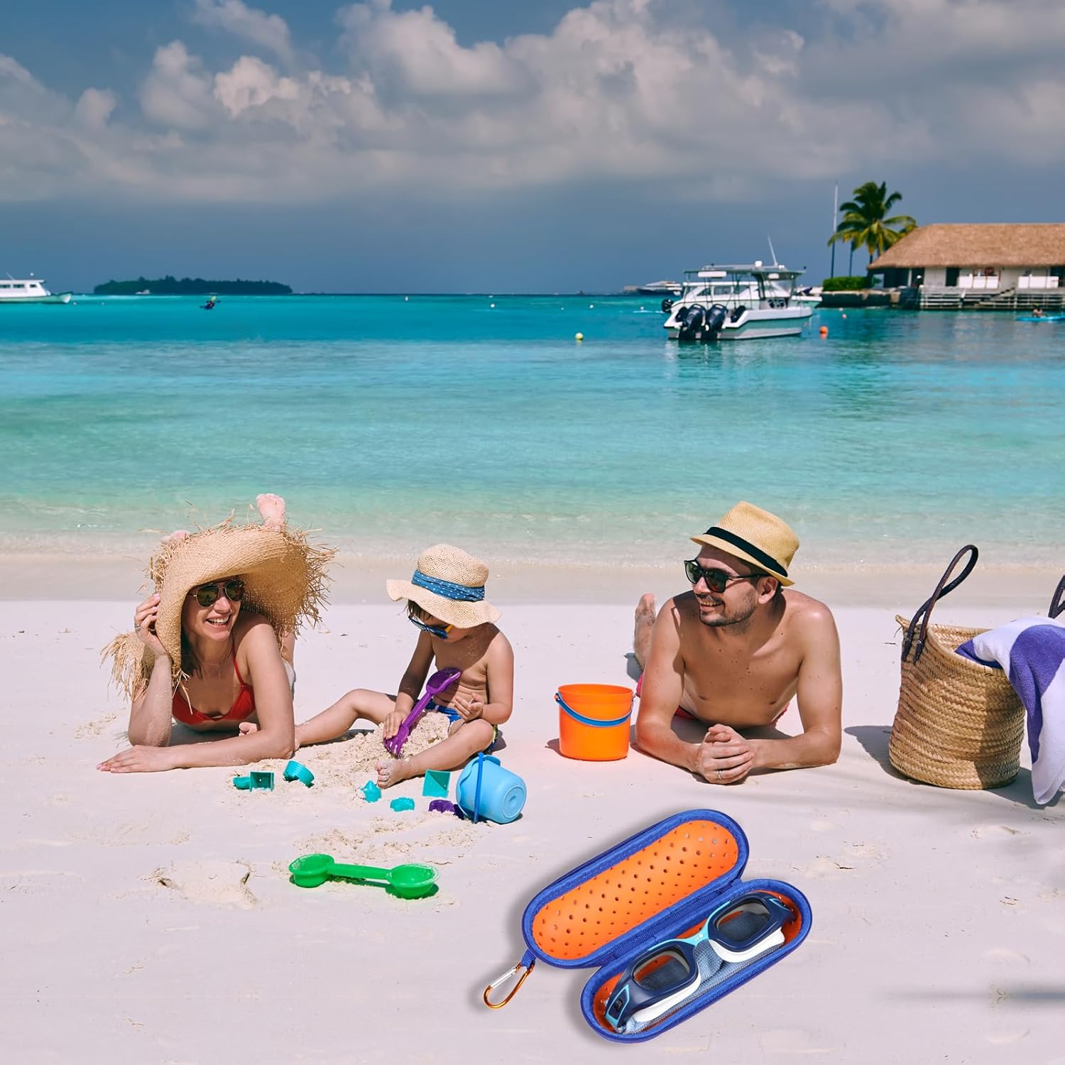 Swim Goggle Case for Swimming Goggles, Portable EVA Carrying Case with Drain Hole Zipper Sunglasses Bag with Clip - Blue+Orange image number 5