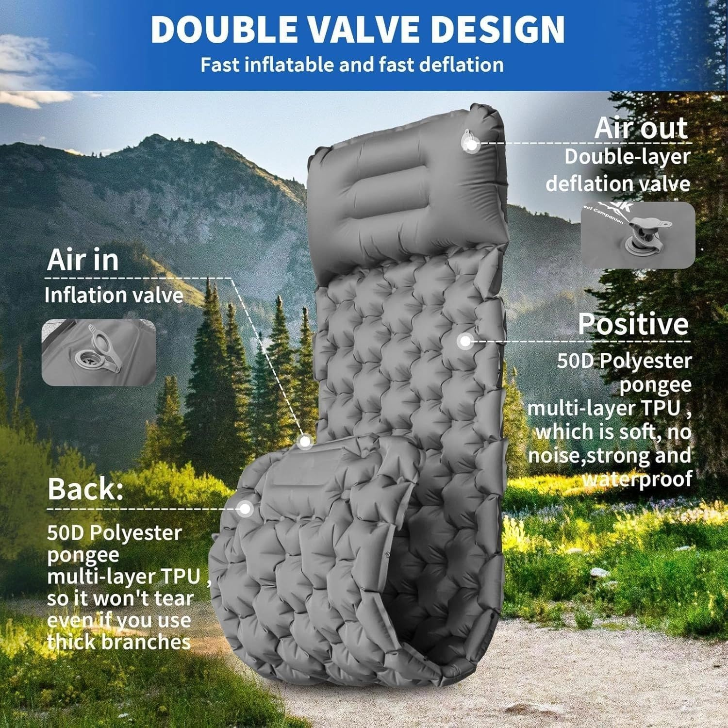 Camping Sleeping Pad, Ultralight Camping Mat with Pillow Built-In Foot Pump Inflatable Sleeping Pads Compact for Camping Backpacking Hiking Traveling Tent image number 3