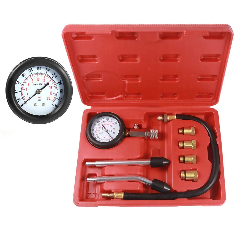 Engine Compression Tester Kit, Petrol Engine Cylinder Compression Tester Kit Automotive Tool Gauge, Fuel Pressure Gauge Set with Conversion Connector, Automotive Fuel Pressure Test Kit 8Pcs