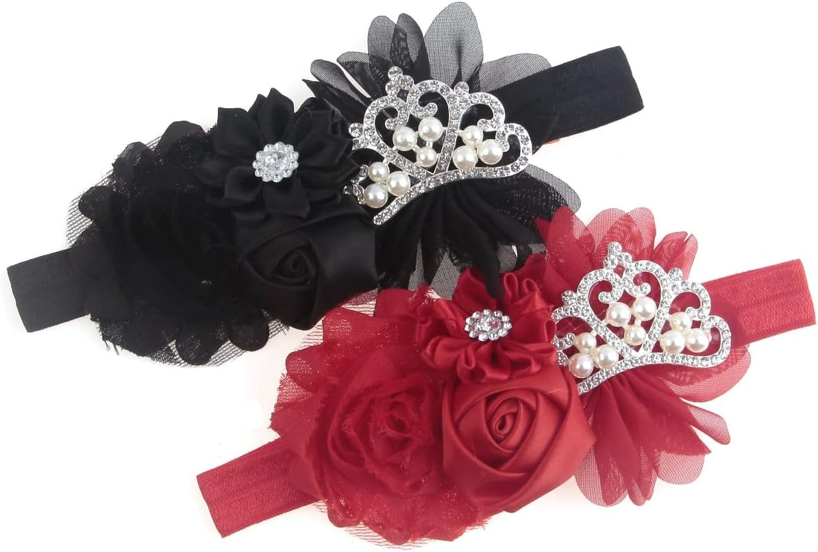 Nishine Baby Christening Headband Toddler Girls Fabric Flower Headband Tiara Stretchy Elastic in Pairs (Child, White/Pink)