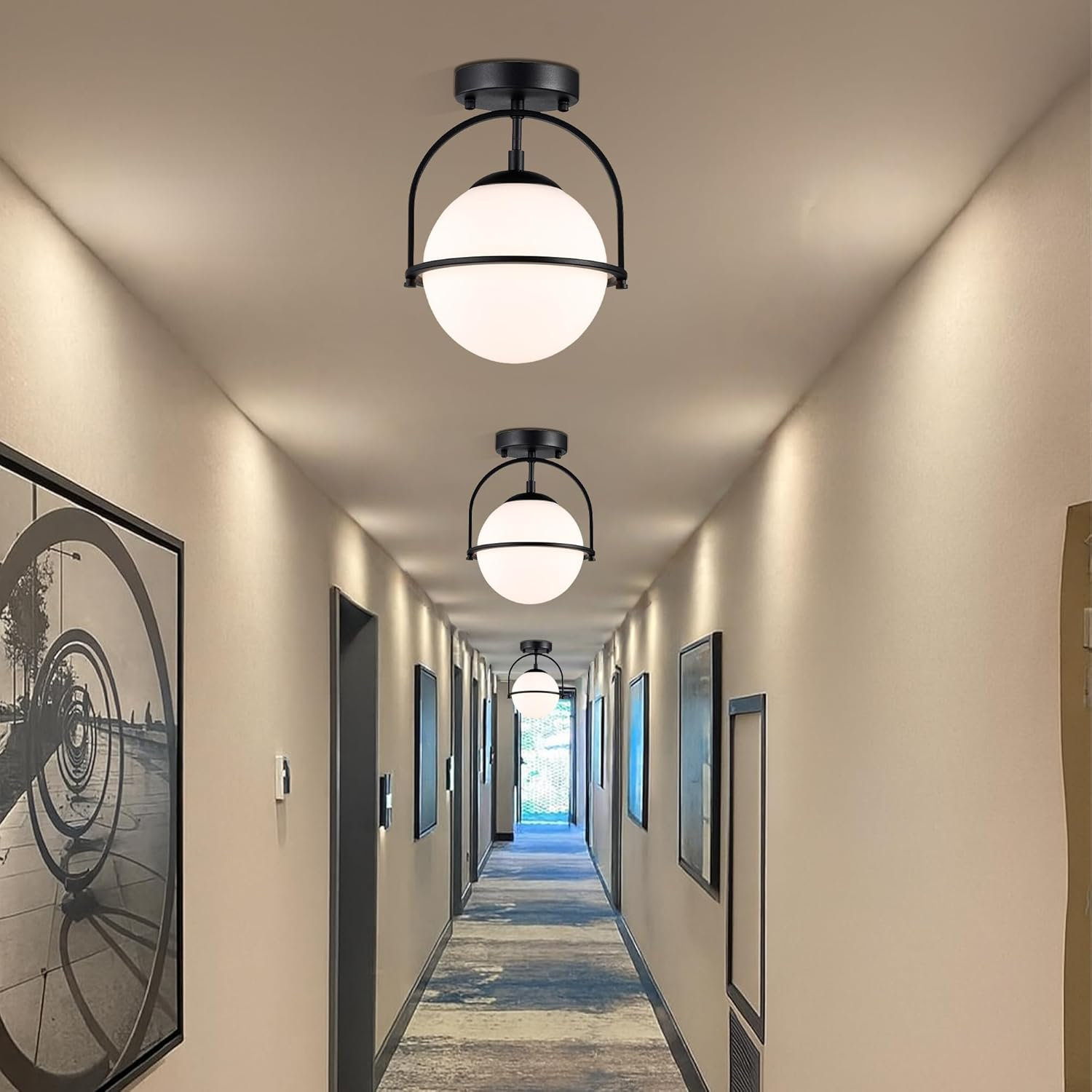 Black Ceiling Lights 18Cm Frosted Glass Globe Mid Century Semi Flush Mount Modern Ceiling Light Fixtures for Bedroom Hallway Entryway Bathroom E27 220V image number 4