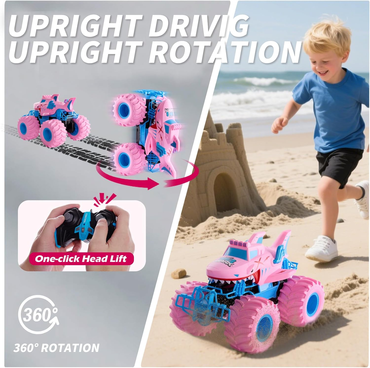 Pink Shark Waterproof RC Monster Truck Toys - Amphibious Remote Control Car 4WD All-Terrain Vehicle Toy for Girls Ages 4-12, Durable Off-Road Fun for Kids, Indoor & Outdoor Play image number 1