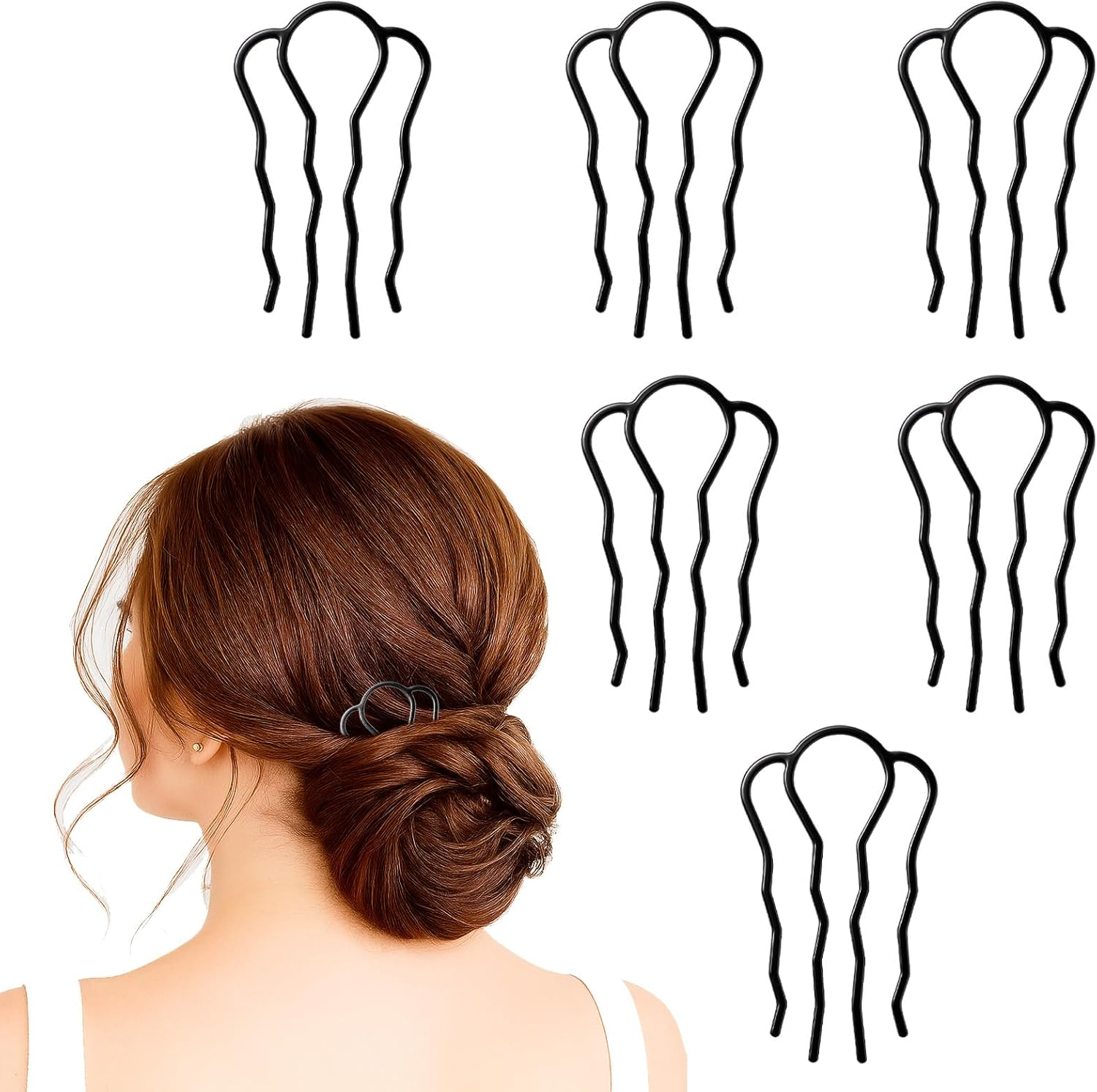6 Piece Metal Hair Fork French Twist Comb for Updo Bun Hair Side Combs U-Shape Haire Fork Clip Hairs Styling Tool Messy Bun Maker Vintage Hairstyle Accessories for Women Hairs Accessories (Black)