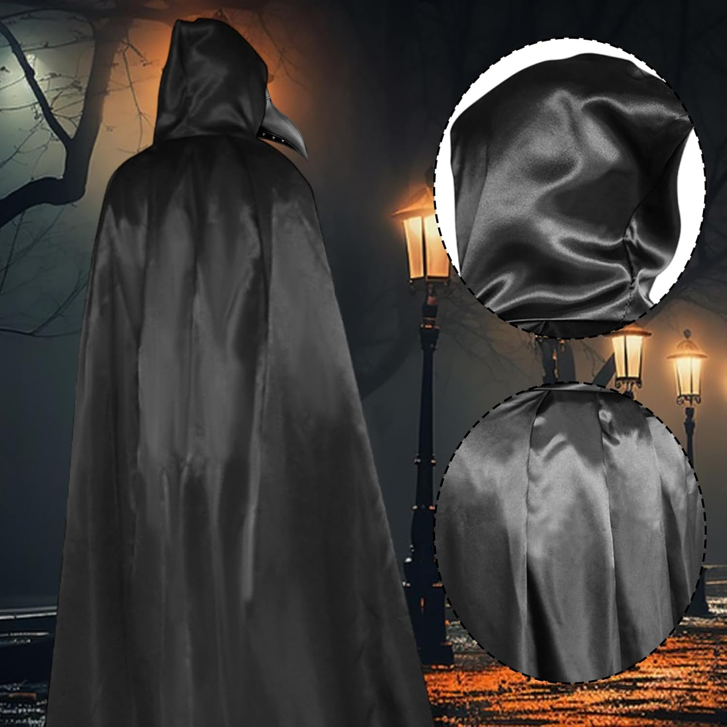 Plague Doctor Costume, Black Plague Doctor Costume Set with Mask Cloak Hat Scepter Necklace Gloves, Halloween Costume Cosplay image number 4